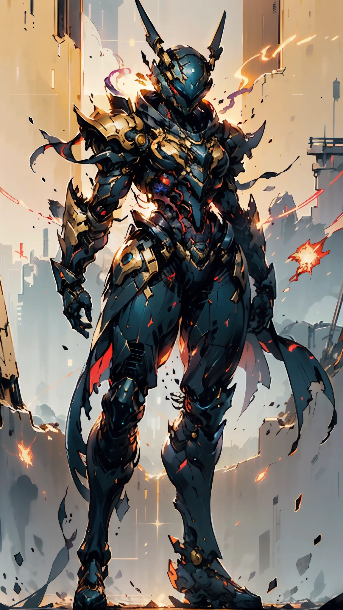 A woman adorned in fantasy-style full-body armor, a crown-concept fully enclosed helmet that unveils only her eyes, a composite layered chest plate, fully encompassing shoulder and hand guards, a lightweight waist armor, form-fitting shin guards, the overall design is heavy-duty yet flexible, ((the armor gleams with a golden glow, complemented by red and blue accents)), exhibiting a noble aura, she floats above a fantasy-surreal high-tech city, this character embodies a finely crafted fantasy-surreal style armored hero in anime style, exquisite and mature manga art style, (Queen bee mixed with Spider concept Armor, plasma, blood), ((Element, energy, elegant, goddess, femminine:1.5)), metallic, high definition, best quality, highres, ultra-detailed, ultra-fine painting, extremely delicate, professional, anatomically correct, symmetrical face, extremely detailed eyes and face, high quality eyes, creativity, RAW photo, UHD, 32k, Natural light, cinematic lighting, masterpiece-anatomy-perfect, masterpiece:1.5