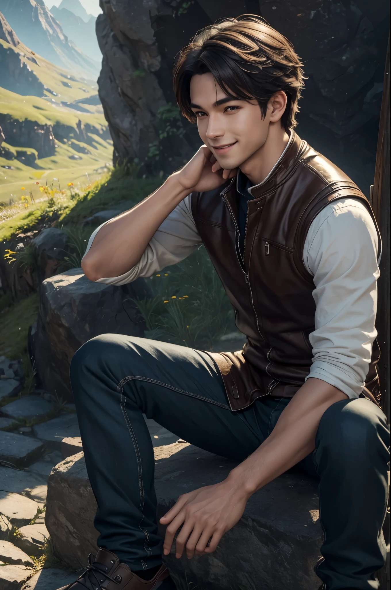 8K,黒い革のジャケットを着たsmileの若い青年が大きなバイクに跨る, sitting on a big racing bike(Precise bike details),  game CG, fan art,masterpiece,Photorealistic RAW photos of the highest quality。bright colors,rich colors, Backlight, cinematic lighting, film grain, to be born, 50mm lens, Nikon D850,realistic skin,detailed character art,fantasy art,ultra high resolution,realistic skin,mountain path,comical pose,Sad prince,cheerful young man,smile,brown medium cut hair,