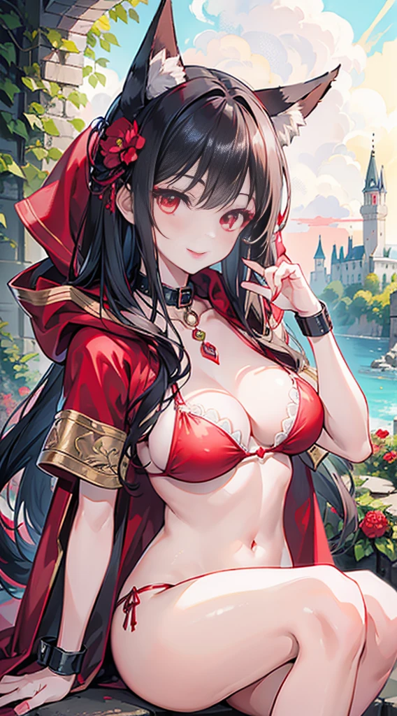 high quality, masterpiece, super detailed, 1 girl, Extremely detailed faces,Red lace bikini,red cloak,princess crown,Calm expression,bright red lips,Smile,handcuffs,collar,long black hair, Charming pink eyes, fox ears, castle,garden,waterside,