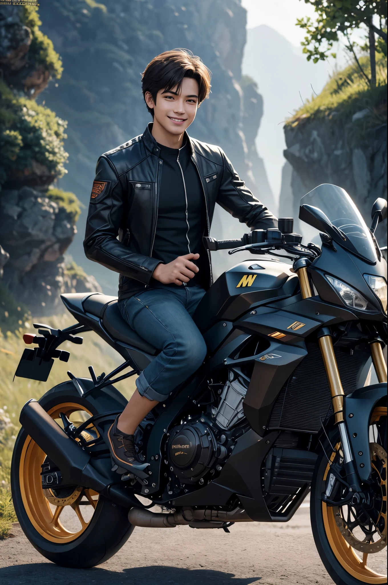 8K,A man in a leather jacket sits on a motorcycle, by ヤン・J, Yanjun Cento, Wojtek Füss, sitting on a cyberpunk bike, Inspired by Yanjun Chen, wlop and ross tran, Makoto Shinkai ( apex legend ), Chengwei Pan at Art Station, cyberpunk hero, cgsociety と fenghua zhong, game CG, fan art,masterpiece,Photorealistic RAW photos of the highest quality。bright colors,rich colors, Backlight, cinematic lighting, film grain, to be born, 50mm lens, Nikon D850,realistic skin,detailed character art,ultra high resolution,realistic skin,mountain path,comical pose,Sad prince,cheerful man,smile,