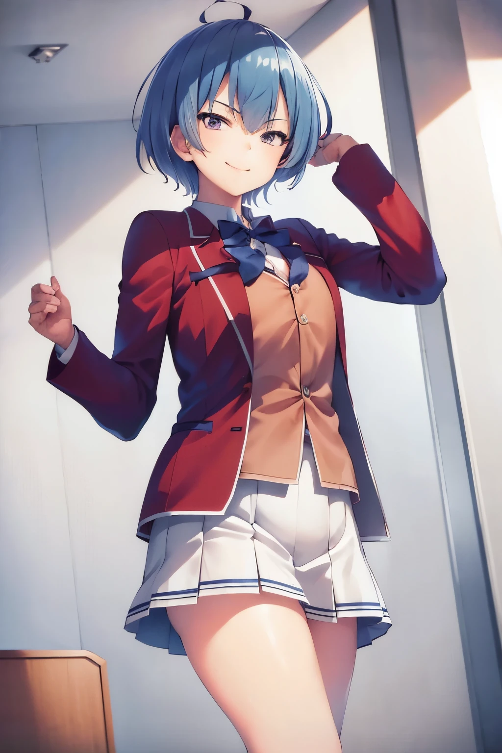 masterpiece, best quality, highres, 1girl ibuki mio short hair blue hair, white skirt red jacket open jacket smile, standing, indoors, from behind