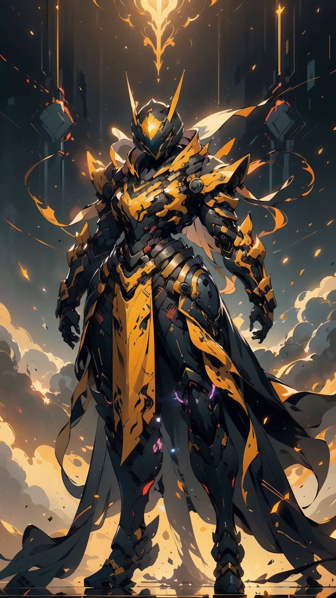 A woman adorned in fantasy-style full-body armor, a crown-concept fully enclosed helmet that unveils only her eyes, a composite layered chest plate, fully encompassing shoulder and hand guards, a lightweight waist armor, form-fitting shin guards, the overall design is heavy-duty yet flexible, ((the armor gleams with a golden glow, complemented by red and blue accents)), exhibiting a noble aura, she floats above a fantasy-surreal high-tech city, this character embodies a finely crafted fantasy-surreal style armored hero in anime style, exquisite and mature manga art style, (Queen bee mixed with Spider concept Armor, plasma, blood), ((Element, energy, elegant, goddess, femminine:1.5)), metallic, high definition, best quality, highres, ultra-detailed, ultra-fine painting, extremely delicate, professional, anatomically correct, symmetrical face, extremely detailed eyes and face, high quality eyes, creativity, RAW photo, UHD, 32k, Natural light, cinematic lighting, masterpiece-anatomy-perfect, masterpiece:1.5