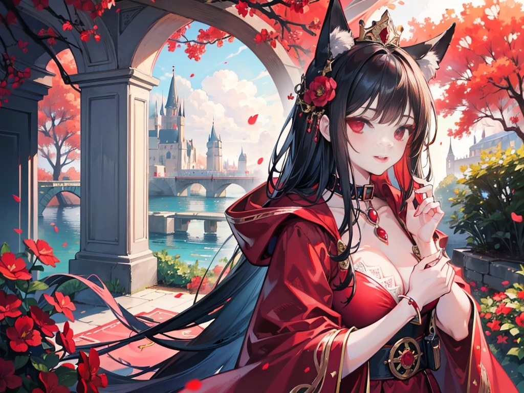 high quality, masterpiece, super detailed, 1 girl, Extremely detailed faces,Red lace bikini,red cloak,princess crown,Calm expression,bright red lips,Smile,handcuffs,collar,long black hair, Charming pink eyes, fox ears, castle,garden,waterside,