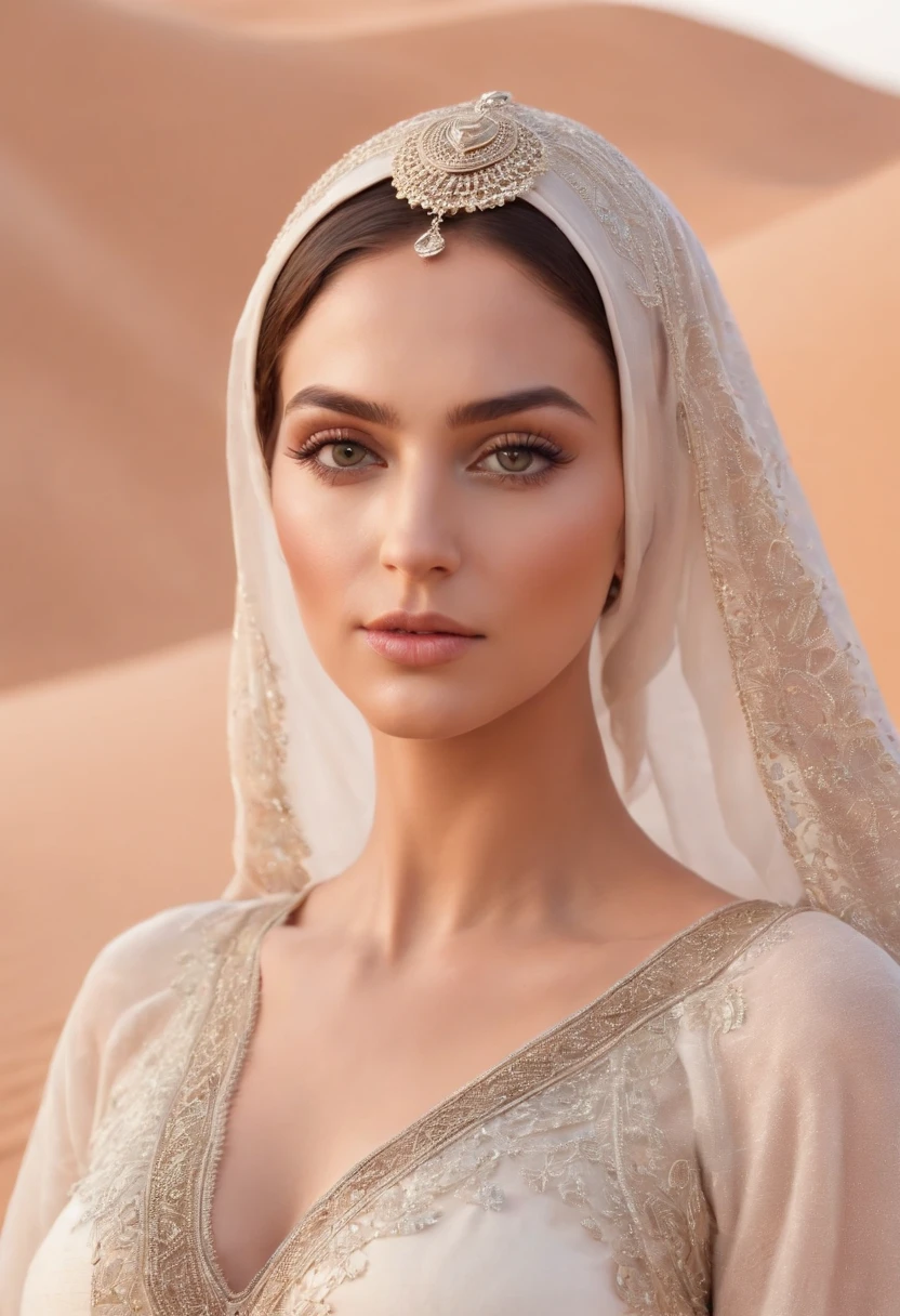 BBW, glowing white skin, beautiful face, veiled, Moroccan Amazigh tribal theme, silver jewelry, ((crystal clear bright hazel eyes:1.2)), detailed eyes, beautiful masterpiece, UHD, 8K)), Depth of field, sand dunes oasis, cleavage, large breasts, focus on eyes, detailed skin, texture skin, sexy, golden hour, highly detailed skin, thick long eyelashes, dark black mascara, shiny lips, perfect face, violet djellaba, lilac abaya, flowing, blowing, shimmering, curvy, iridescent purple