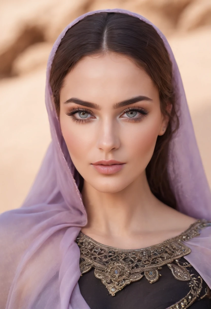 BBW, glowing white skin, beautiful face, veiled, Moroccan Amazigh tribal theme, silver jewelry, ((crystal clear bright hazel eyes:1.2)), detailed eyes, beautiful masterpiece, UHD, 8K)), Depth of field, sand dunes oasis, cleavage, large breasts, focus on eyes, detailed skin, texture skin, sexy, golden hour, highly detailed skin, thick long eyelashes, dark black mascara, shiny lips, perfect face, violet djellaba, lilac abaya, flowing, blowing, shimmering, curvy, iridescent purple