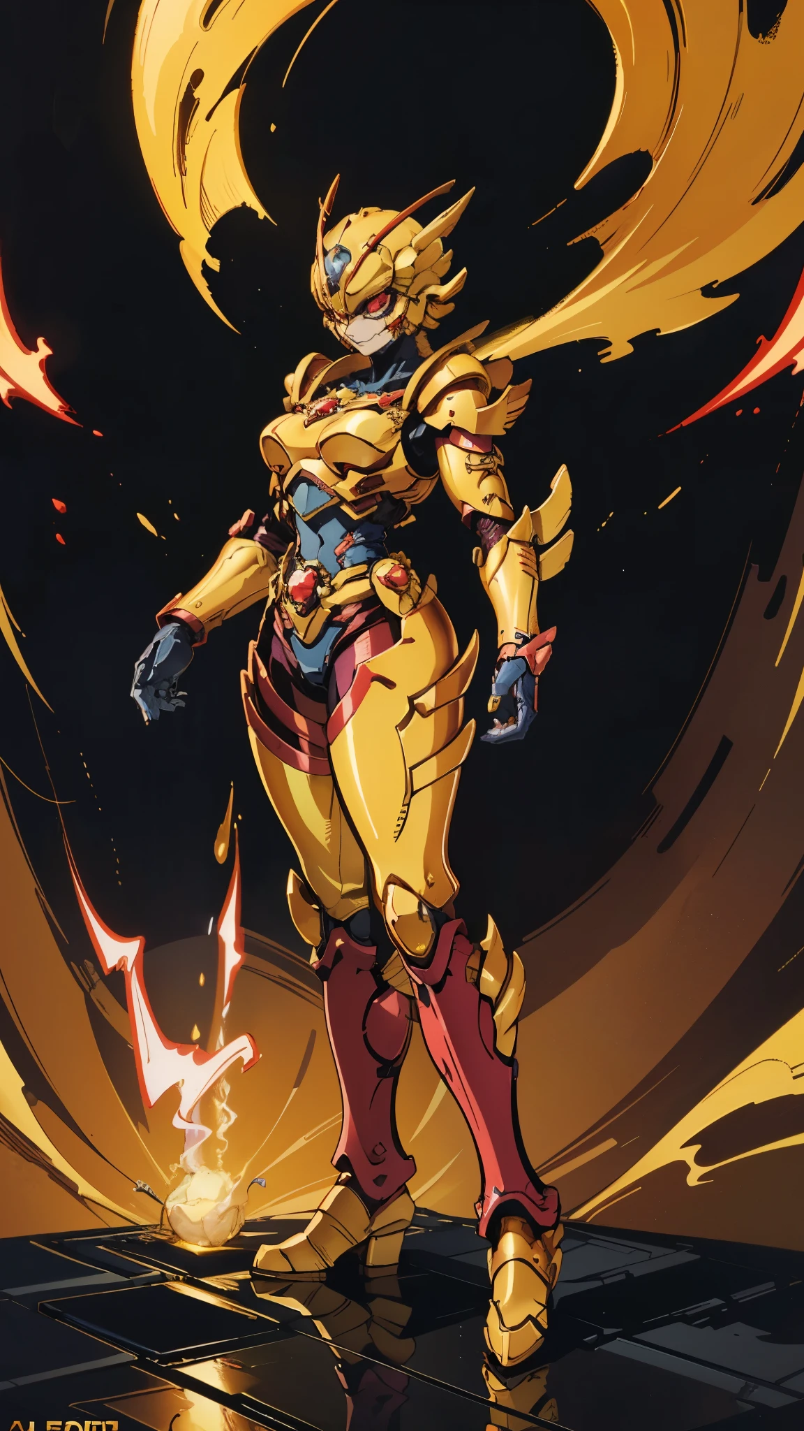 A woman adorned in fantasy-style full-body armor, a crown-concept fully enclosed helmet that unveils only her eyes, a composite layered chest plate, fully encompassing shoulder and hand guards, a lightweight waist armor, form-fitting shin guards, the overall design is heavy-duty yet flexible, ((the armor gleams with a golden glow, complemented by red and blue accents)), exhibiting a noble aura, she floats above a fantasy-surreal high-tech city, this character embodies a finely crafted fantasy-surreal style armored hero in anime style, exquisite and mature manga art style, (Queen bee mixed with Spider concept Armor, plasma, blood), ((Element, energy, elegant, goddess, femminine:1.5)), metallic, high definition, best quality, highres, ultra-detailed, ultra-fine painting, extremely delicate, professional, anatomically correct, symmetrical face, extremely detailed eyes and face, high quality eyes, creativity, RAW photo, UHD, 32k, Natural light, cinematic lighting, masterpiece-anatomy-perfect, masterpiece:1.5