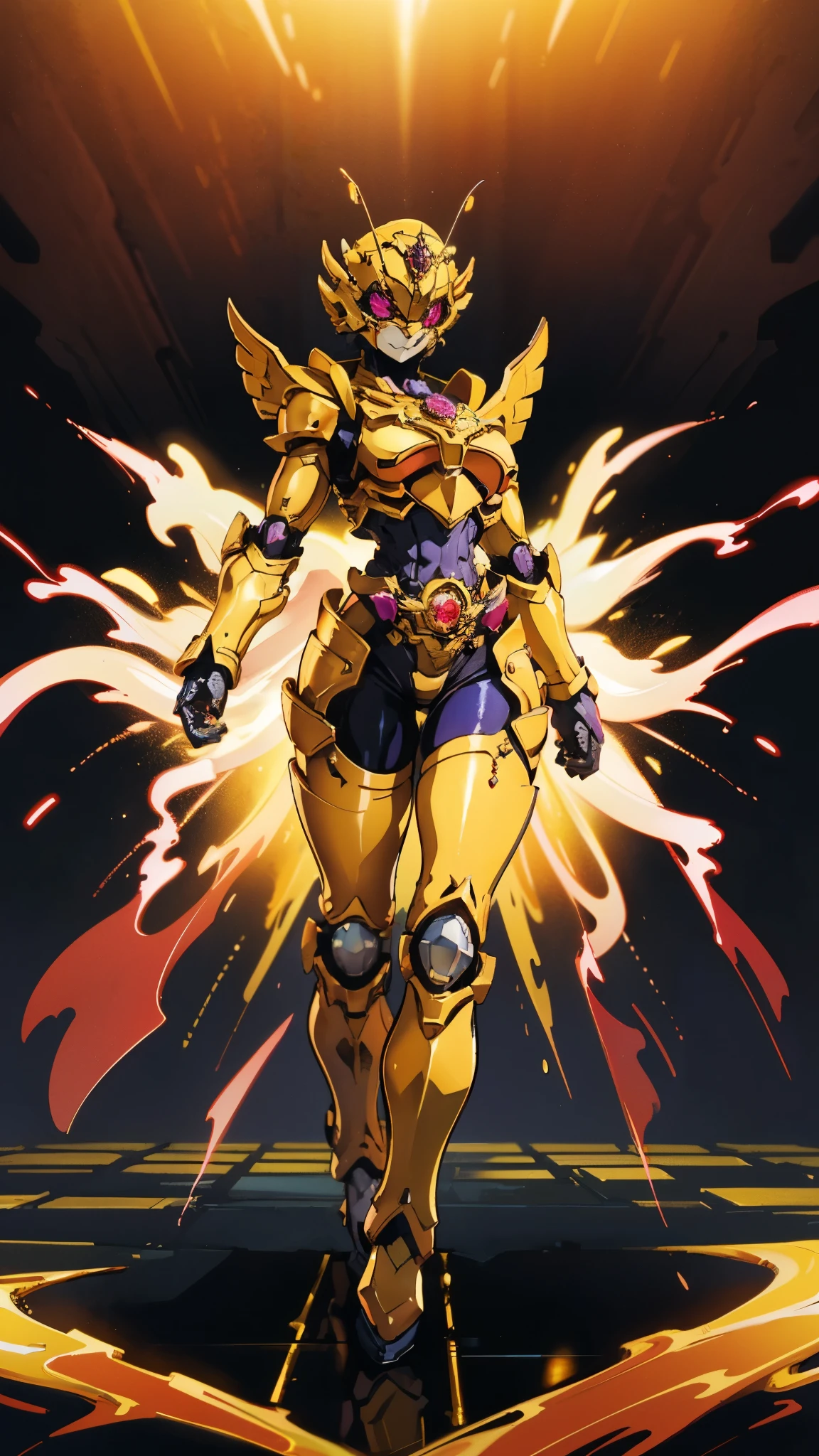 A woman adorned in fantasy-style full-body armor, a crown-concept fully enclosed helmet that unveils only her eyes, a composite layered chest plate, fully encompassing shoulder and hand guards, a lightweight waist armor, form-fitting shin guards, the overall design is heavy-duty yet flexible, ((the armor gleams with a golden glow, complemented by red and blue accents)), exhibiting a noble aura, she floats above a fantasy-surreal high-tech city, this character embodies a finely crafted fantasy-surreal style armored hero in anime style, exquisite and mature manga art style, (Queen bee mixed with Spider concept Armor, plasma, blood), ((Element, energy, elegant, goddess, femminine:1.5)), metallic, high definition, best quality, highres, ultra-detailed, ultra-fine painting, extremely delicate, professional, anatomically correct, symmetrical face, extremely detailed eyes and face, high quality eyes, creativity, RAW photo, UHD, 32k, Natural light, cinematic lighting, masterpiece-anatomy-perfect, masterpiece:1.5