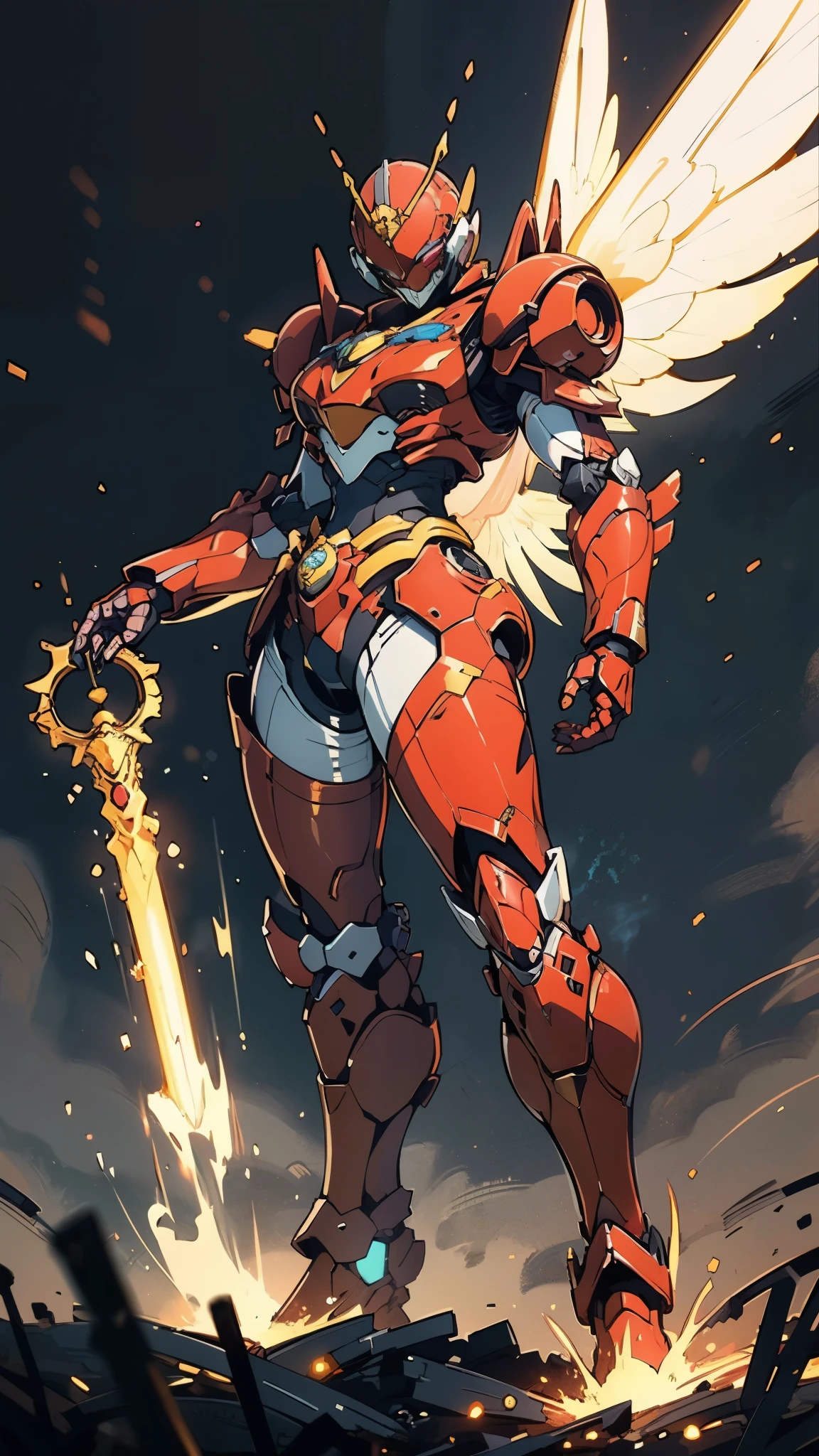 A woman adorned in fantasy-style full-body armor, a crown-concept fully enclosed helmet that unveils only her eyes, a composite layered chest plate, fully encompassing shoulder and hand guards, a lightweight waist armor, form-fitting shin guards, the overall design is heavy-duty yet flexible, ((the armor gleams with a golden glow, complemented by red and blue accents)), exhibiting a noble aura, she floats above a fantasy-surreal high-tech city, this character embodies a finely crafted fantasy-surreal style armored hero in anime style, exquisite and mature manga art style, (Queen bee mixed with Spider concept Armor, plasma, blood), ((Element, energy, elegant, goddess, femminine:1.5)), metallic, high definition, best quality, highres, ultra-detailed, ultra-fine painting, extremely delicate, professional, anatomically correct, symmetrical face, extremely detailed eyes and face, high quality eyes, creativity, RAW photo, UHD, 32k, Natural light, cinematic lighting, masterpiece-anatomy-perfect, masterpiece:1.5