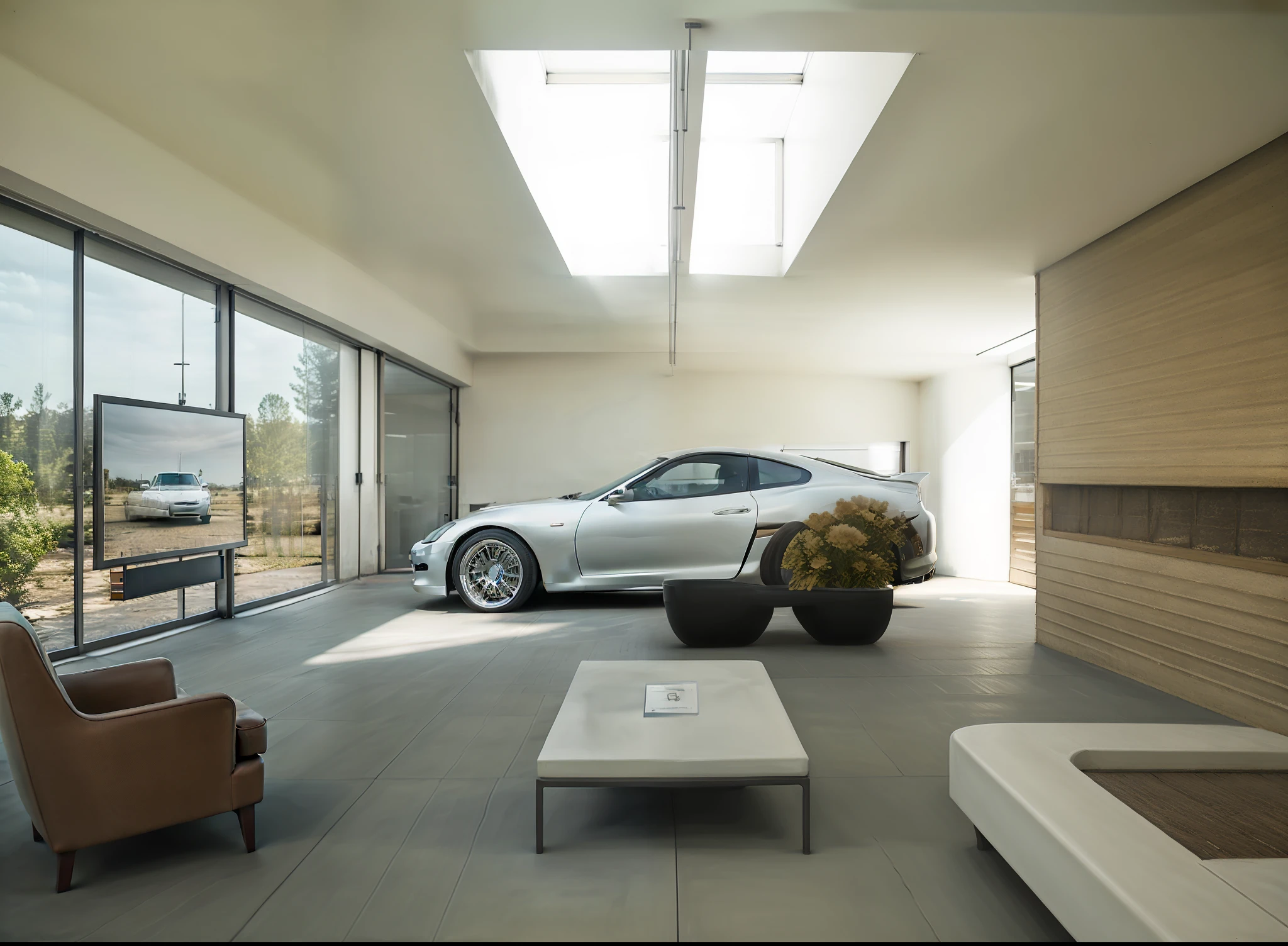 arafed view of a living room with a car parked in the background, car garage, sports car in the room, garage, luxury lifestyle, luxury interior, living room, Henrik Fisker, indoor setting, elegant minimalism, luxurious indoor setting, Award-winning masterpiece, top down angle, Indoor photography, environmental shot, main office」, luxurious environment, Hero Shots