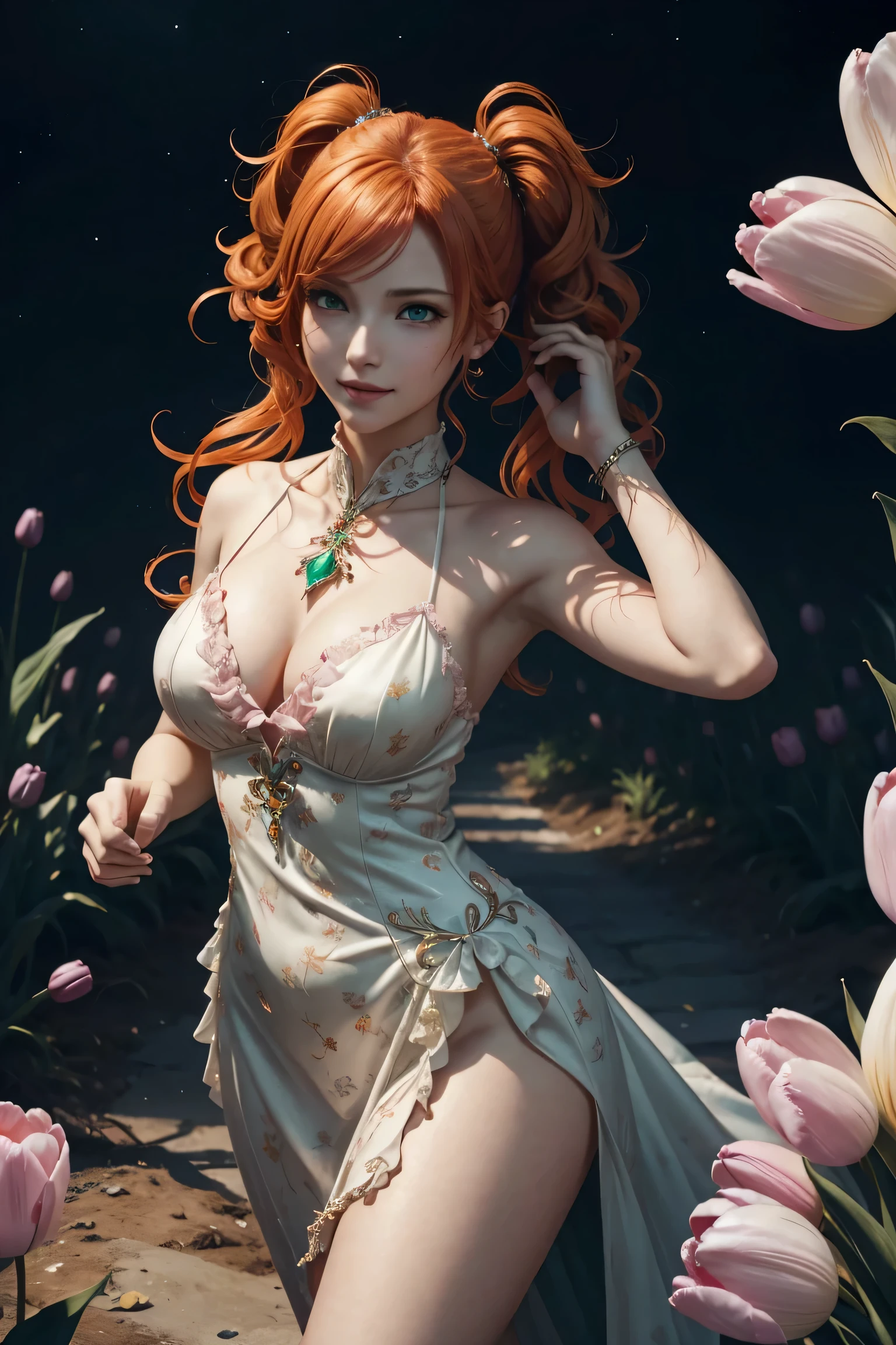 vanilla,final fantasy 13,FF13,orange hair,twin tails,light perm hair,Beautiful emerald green eyes,white skin,Red ruffled dress,super high quality,super high quality,masterpiece,digital single lens reflex,realistic,Detailed details,vivid details,depicted in detail,detailed face,Detailed details,Super detailed,realistic skin texture,based on anatomical basis,perfect anatomy,anatomically correct hand,anatomically correct fingers,Complex 3D rendering,Huge ,sexy pose,beautiful tulip field,Final Fantasy Worldview,Fantastic night view,fantastic night sky,beauty like a painting,Take a full body photo,nine-headed body,pink lip,Beautiful curly hair,emphasize the beautiful whole body,smile,