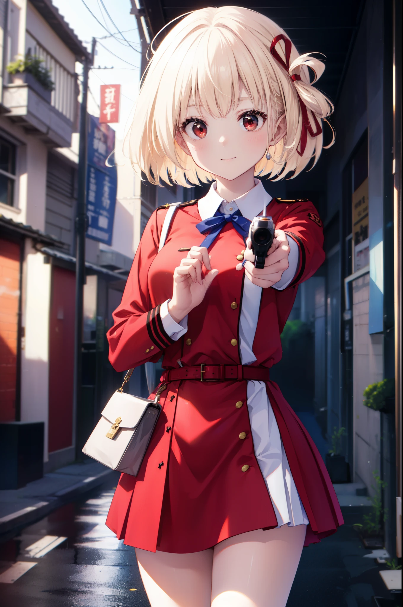 chisatonishikigi, nishikigi chisato, short hair, bangs, blonde hair, (red eyes:1.5), hair ribbon, one side up, bob cut,smile,triumphant,
break shirt, long sleeve, dress, ribbon, white shirt, collared shirt, belt, neck ribbon, red dress, blue ribbon, pleated dress, grey dress, two-tone dress, red belt, uniform liquor,Target, have a pistol, hand gun, 膝を地面に着けている
break outdoors, city,alley,
break looking at viewer, (cowboy shot:1.5),
break (masterpiece:1.2), highest quality, High resolution, unity 8k wallpaper, (shape:0.8), (fine and beautiful eyes:1.6), highly detailed face, perfect lighting, Very detailed CG, (perfect hands, perfect anatomy),
