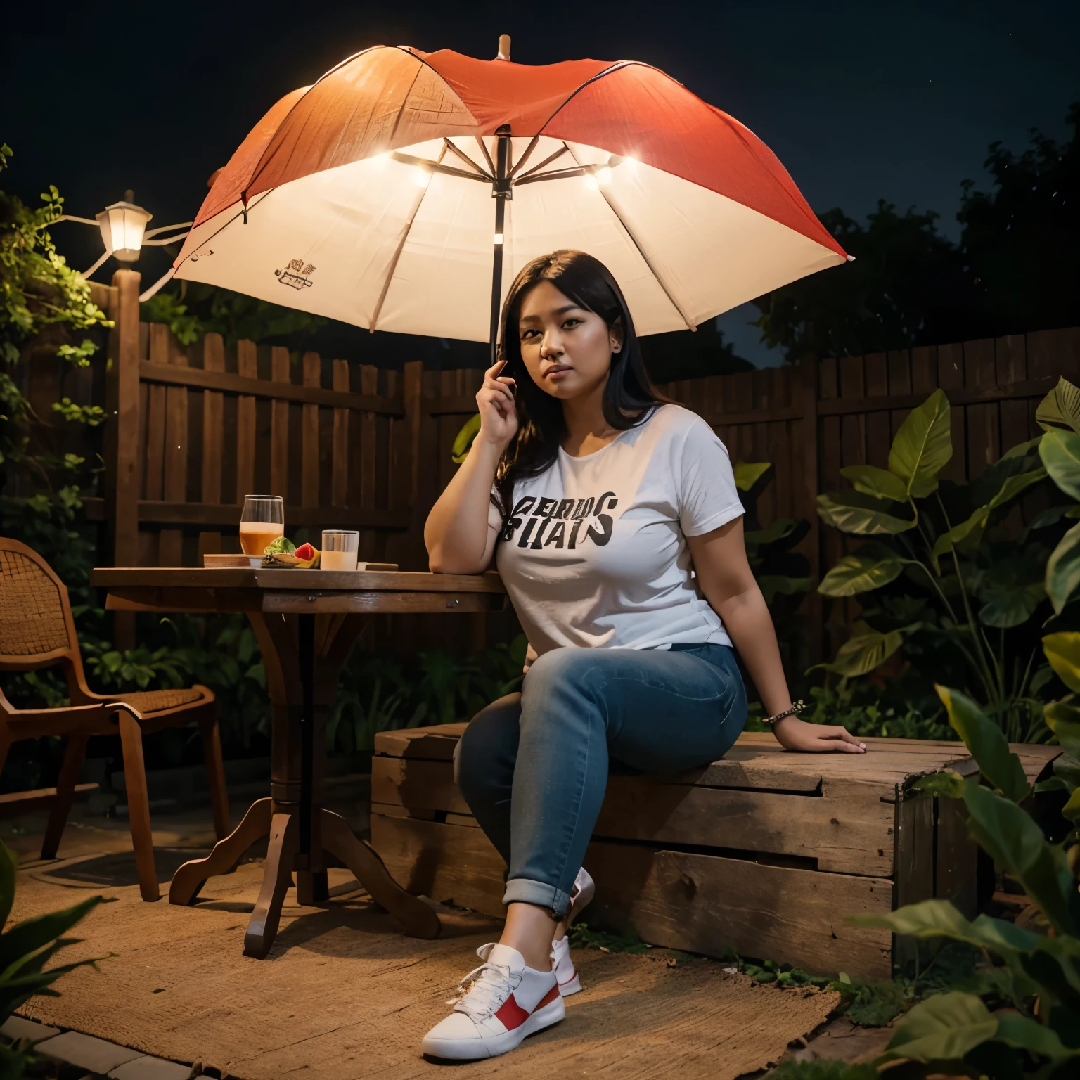 A 35 year old Indonesian chubby woman wearing casual clothes (black skinny jeans, white t-shirt, red black flannel shirt), with detailed face and eyes, wearing a casual hat and shoes, sitting under the umbrella of garden decoration. There is a snack and coffee on the table. The background is a garden setting at night time, a colorful umbrella garden, with decorative LED lights adorned with lights and many umbrellas in the air. Hyperrealistic, sharp 8k UHD.