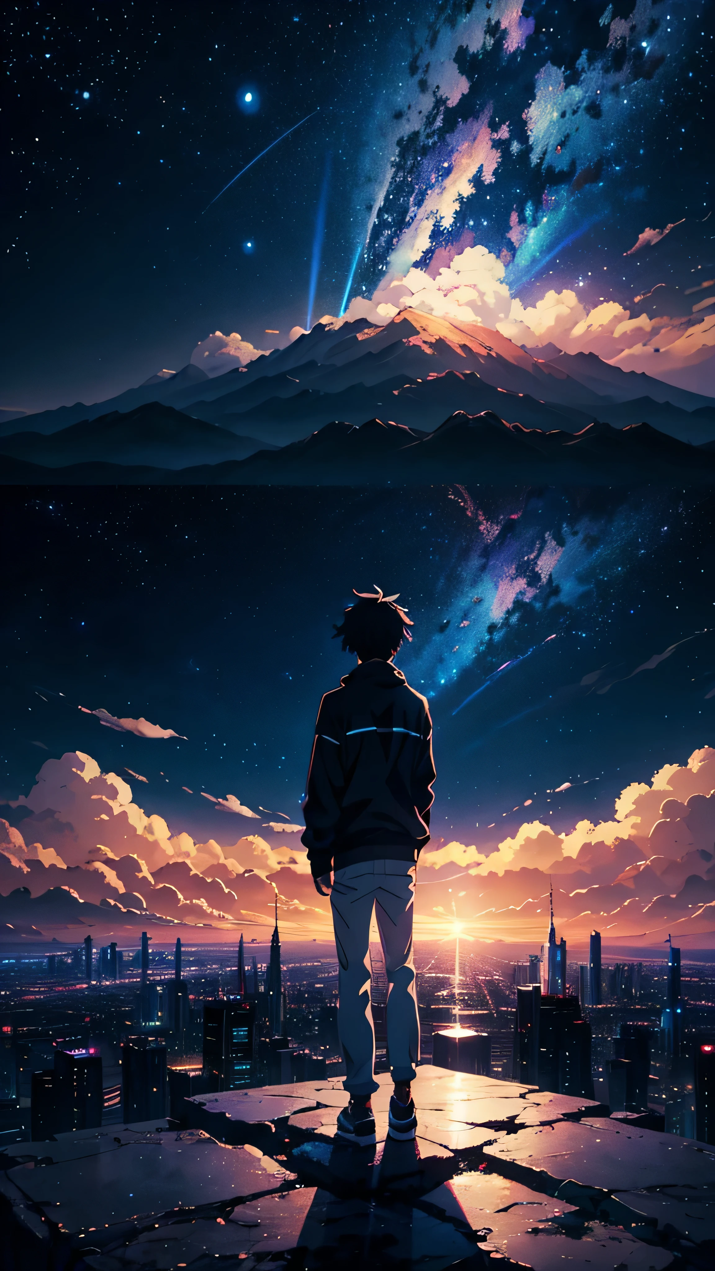 anime - style scene of a beautiful sky with a star, cosmic skies. by makoto shinkai, Portrait of young black boy facing away from camera in anime style anime art wallpaper 4k, anime art wallpaper 4 k, anime art wallpaper 8 k, anime wallpaper 4k, anime wallpaper 4 k, 4k anime wallpaper, anime sky, amazing wallpaper, anime background, heaven planet in background, anime background art, beautiful cinematic background, 8k, best quality, best detailed, Intricate detail, hyper detailed, masterpiece, blue.