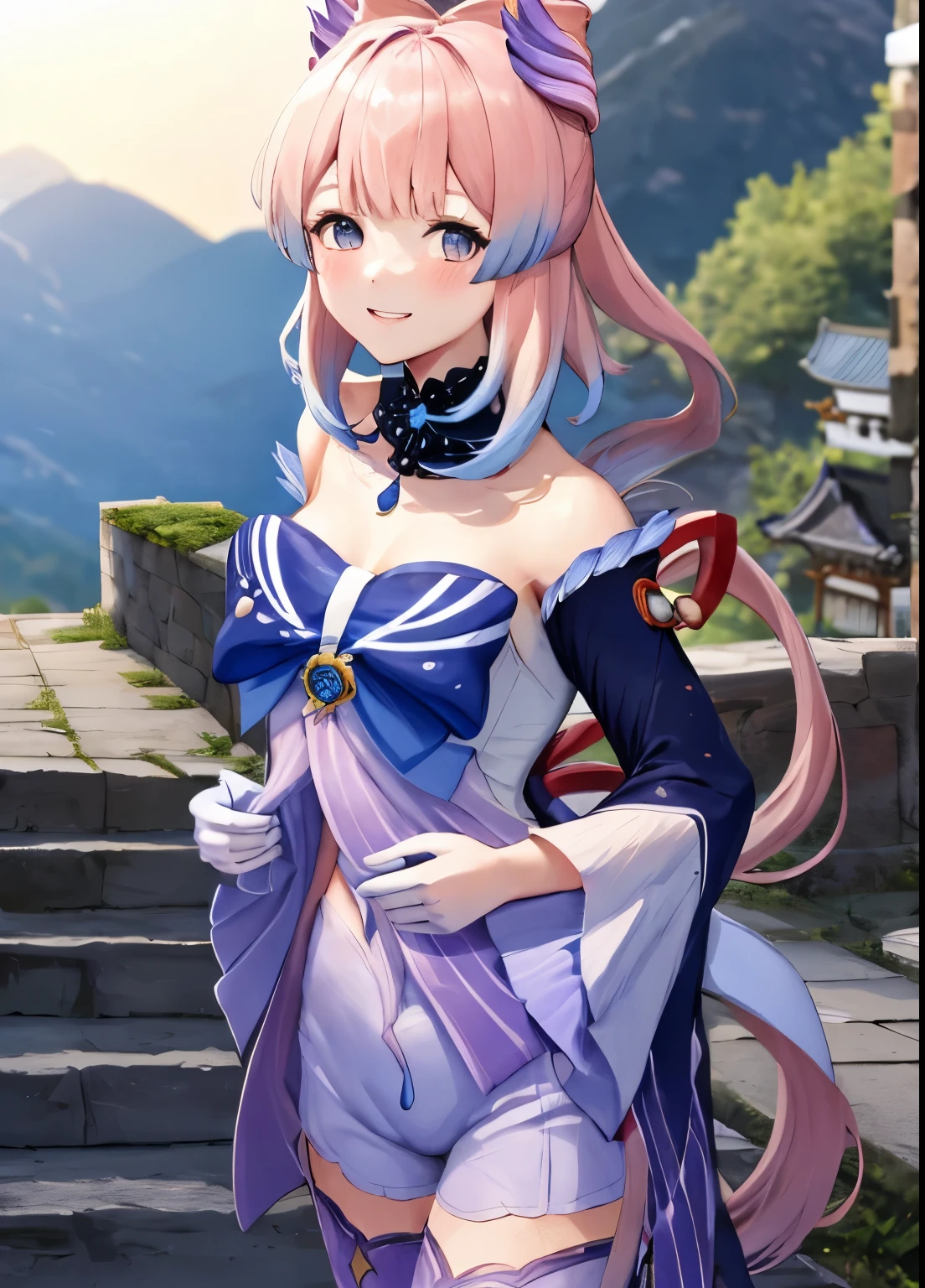 kokomidef, upper body, smile, blush, outdoors, day, simple background, blue sky, short hair, sky, temple, looking at viewer, stairs, mountain, moody lighting, facing viewer,
