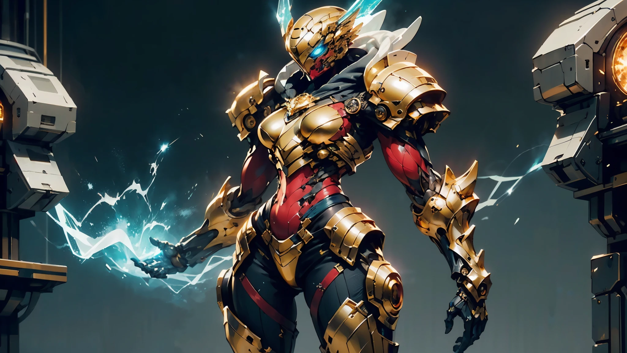 A woman adorned in fantasy-style full-body armor, a crown-concept fully enclosed helmet that unveils only her eyes, a composite layered chest plate, fully encompassing shoulder and hand guards, a lightweight waist armor, form-fitting shin guards, the overall design is heavy-duty yet flexible, ((the armor gleams with a golden glow, complemented by red and blue accents)), exhibiting a noble aura, she floats above a fantasy-surreal high-tech city, this character embodies a finely crafted fantasy-surreal style armored hero in anime style, exquisite and mature manga art style, (Queen bee mixed with Spider concept Armor, plasma, blood), ((Element, energy, elegant, goddess, femminine:1.5)), metallic, high definition, best quality, highres, ultra-detailed, ultra-fine painting, extremely delicate, professional, anatomically correct, symmetrical face, extremely detailed eyes and face, high quality eyes, creativity, RAW photo, UHD, 32k, Natural light, cinematic lighting, masterpiece-anatomy-perfect, masterpiece:1.5