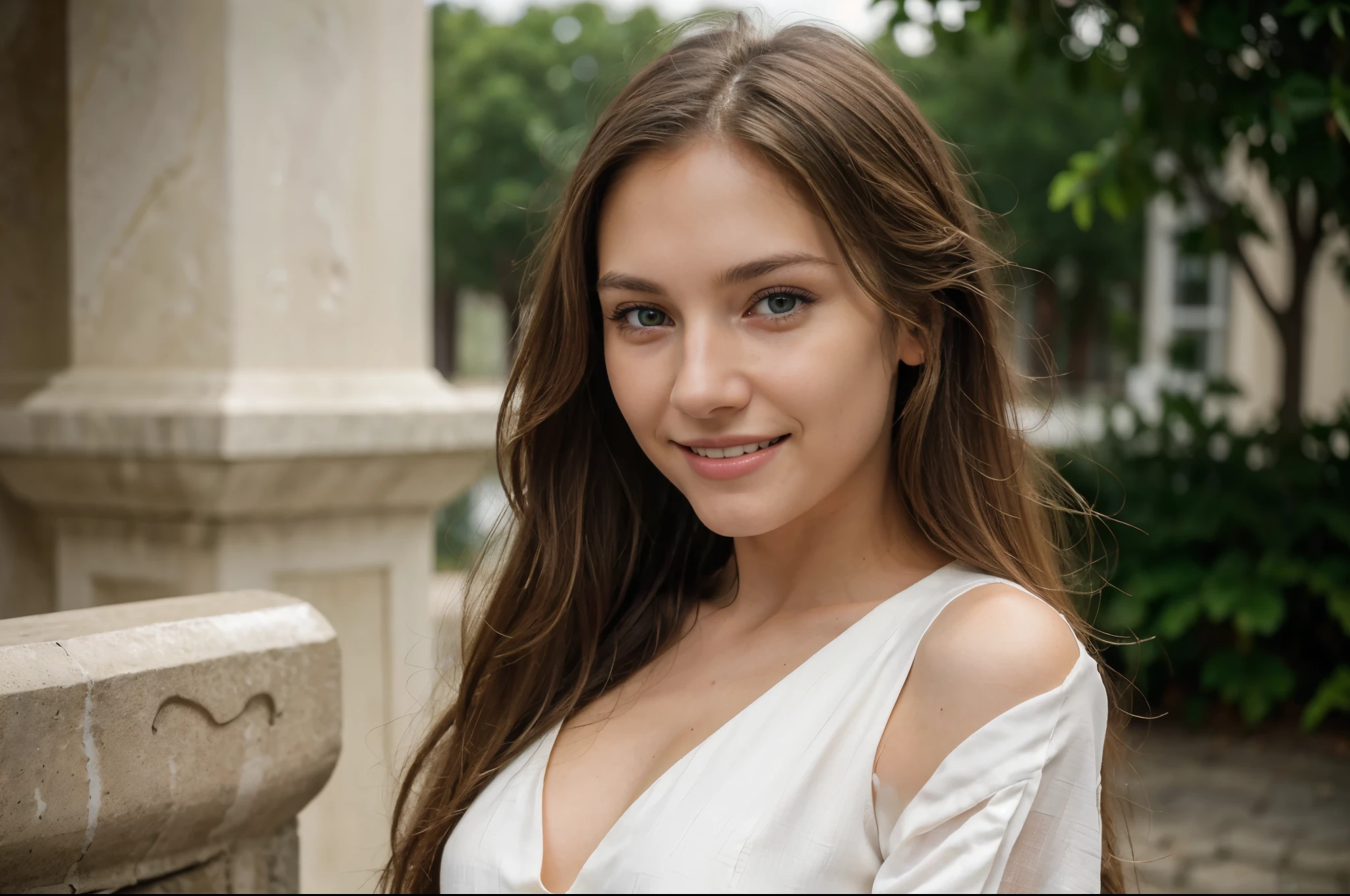 20 years old (hyper realistic)) Girl cute with (long dark blond hair) (beautiful nose)) ((cheekbones)) with (dark green eyes) , photo, ((selfie:1)), wide field of view, centered, uncropped, mood for instagram, ultra resolution, (Photorealist: 1.4), wear white business dress, (smiled:1.4) looking on camera, 8K, topquality, Detailed backgrounds, gentle sweet face, natural makeup, photo RAW, iPhone, HDR