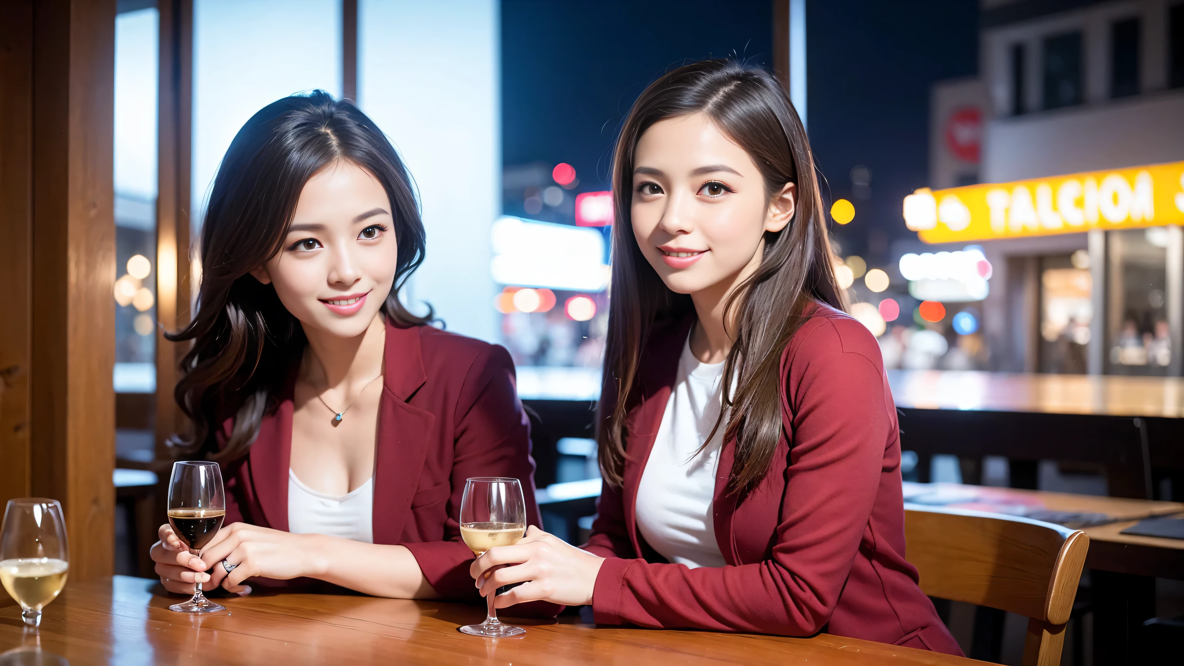64k, Hmm, highest quality, masterpiece: 1.2), (realistic, photorealistic: 1.37), Super detailed, slimな美女3名, (slimフェイス),Happy、 最高なsmile、Fox face、Berry Short、(because I&#39;thin), (brown hair), (shortcut), long sleeve shirt、winter fashion、Colombian、Brazilian、Japanese、Dutch、German、Portuguese、Belgian、Italian、French,Champagne、sparkling wine、 (gush out), (slimボティ), (brown hair), (shortcut), neat beauty、cheeks turn a little red, (35 years old), 38 years old, alone, A beautiful and detailed night view spreads out outside the window...., restaurant, wine glassが座っている, At night, in a prominent place (from the Upper body) nova frog style, actress, model, Upper body, White wine, slim, wine glass, Very beautiful night view, wine glass Put in the Middle, Happy smile, (smile: 1.15), 