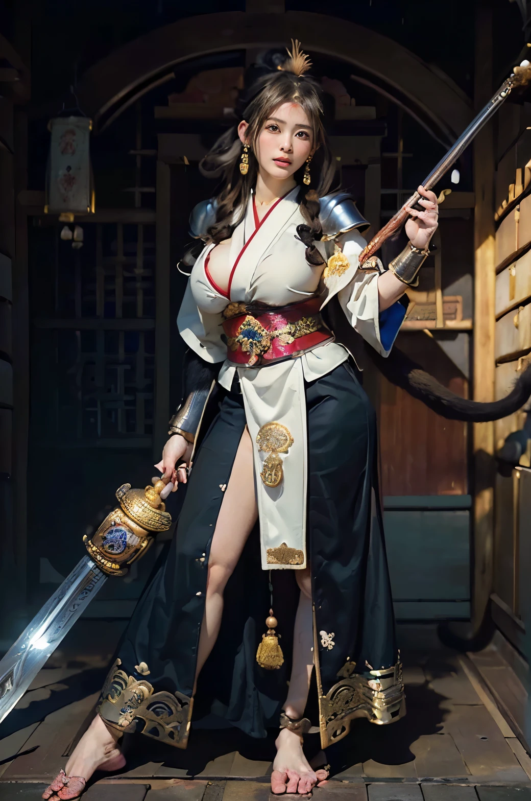 masterpiece,highest quality,ultra high resolution,(one woman:1.5),(25 years old:1.2),stupid solution, Super detailed,(realistic:1.4,),(Twelve gods will:1.4),(temple mandala:1.5),(Japanese god:1.5 ),(medieval japanese armor:1.5),(monkey tail:1.5),(God's Clothing:1.4),(monkey shaped earrings:1.5),(divine accessories:1.4),(big breasts:1.4),(long hair:1.4),(Has a large blue dragon sword)
