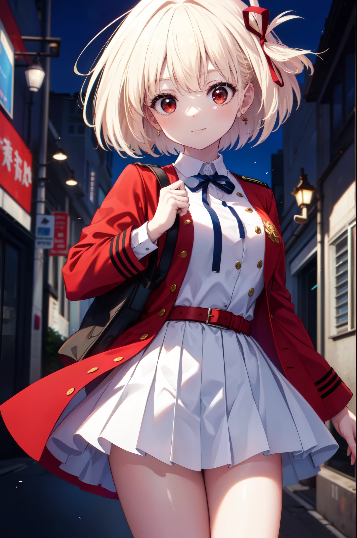 chisatonishikigi, nishikigi chisato, short hair, bangs, blonde hair, (red eyes:1.5), hair ribbon, one side up, bob cut,smile,triumphant,
break shirt, long sleeve, dress, ribbon, white shirt, collared shirt, belt, neck ribbon, red dress, blue ribbon, pleated dress, grey dress, two-tone dress, red belt, uniform liquor,Target, have a pistol, hand gun, 膝を地面に着けている
break outdoors, city,alley,
break looking at viewer, (cowboy shot:1.5),
break (masterpiece:1.2), highest quality, High resolution, unity 8k wallpaper, (shape:0.8), (fine and beautiful eyes:1.6), highly detailed face, perfect lighting, Very detailed CG, (perfect hands, perfect anatomy),