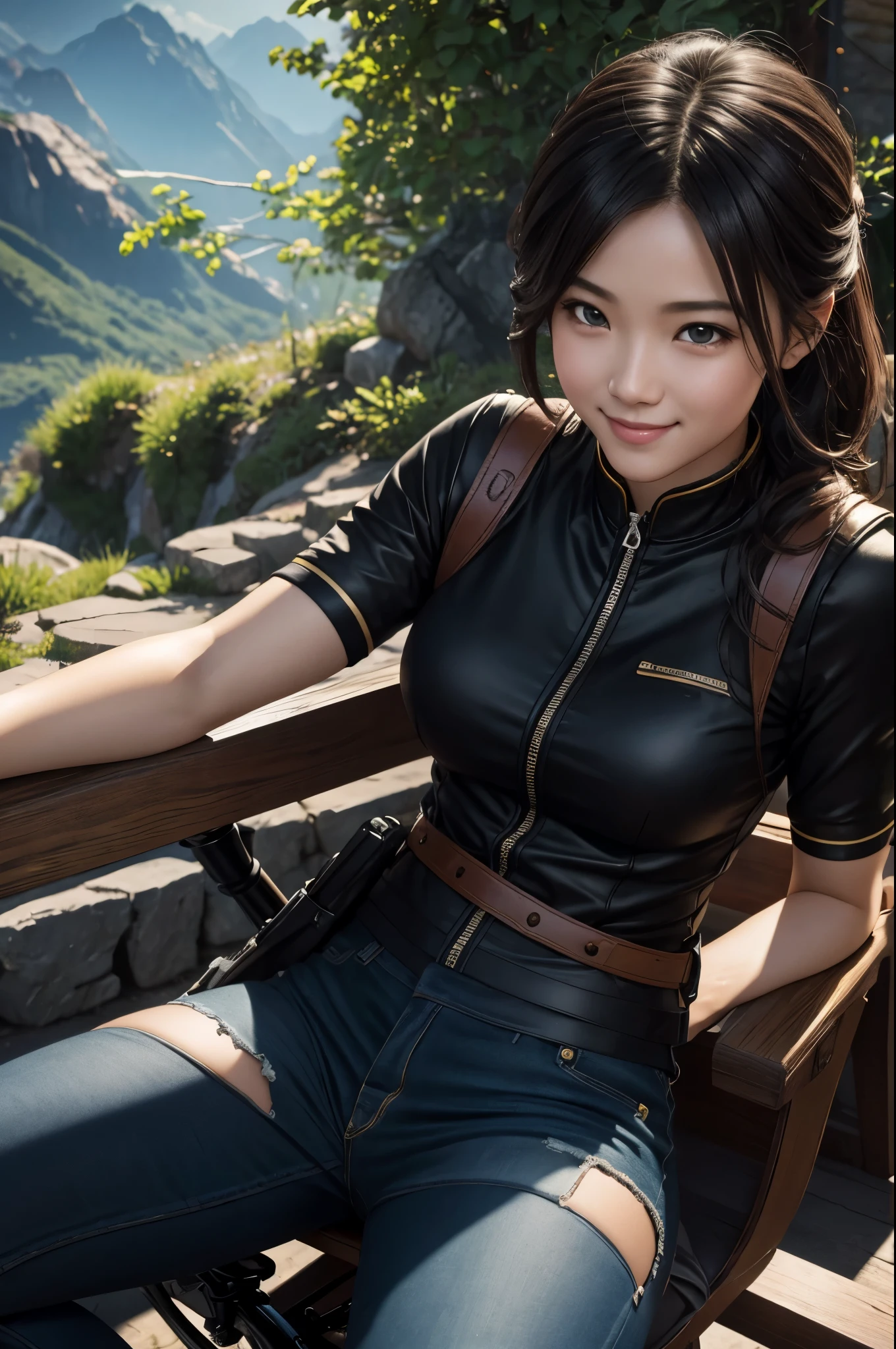 8K,黒い革のジャケットを着たsmileの若い青年が大きなバイクに跨る, sitting on a big racing bike(Precise bike details),black eyes,medium brown hair,  game CG, fan art,masterpiece,Photorealistic RAW photos of the highest quality。bright colors,rich colors, Backlight, cinematic lighting, film grain, to be born, 50mm lens, Nikon D850,realistic skin,detailed character art,fantasy art,ultra high resolution,realistic skin,Perfect hand shape,mountain path,comical pose,cheerful young man,smile,
