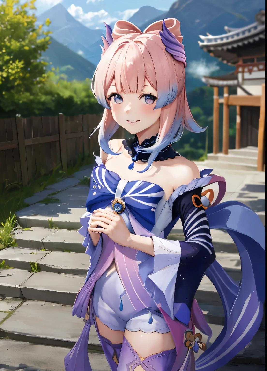 kokomidef, upper body, smile, blush, outdoors, day, simple background, blue sky, short hair, sky, temple, looking at viewer, stairs, mountain, moody lighting, facing viewer,