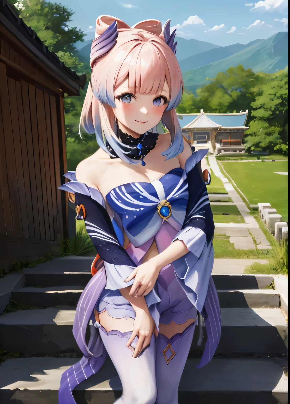 kokomidef, upper body, smile, blush, outdoors, day, simple background, blue sky, short hair, sky, temple, looking at viewer, stairs, mountain, moody lighting, facing viewer,