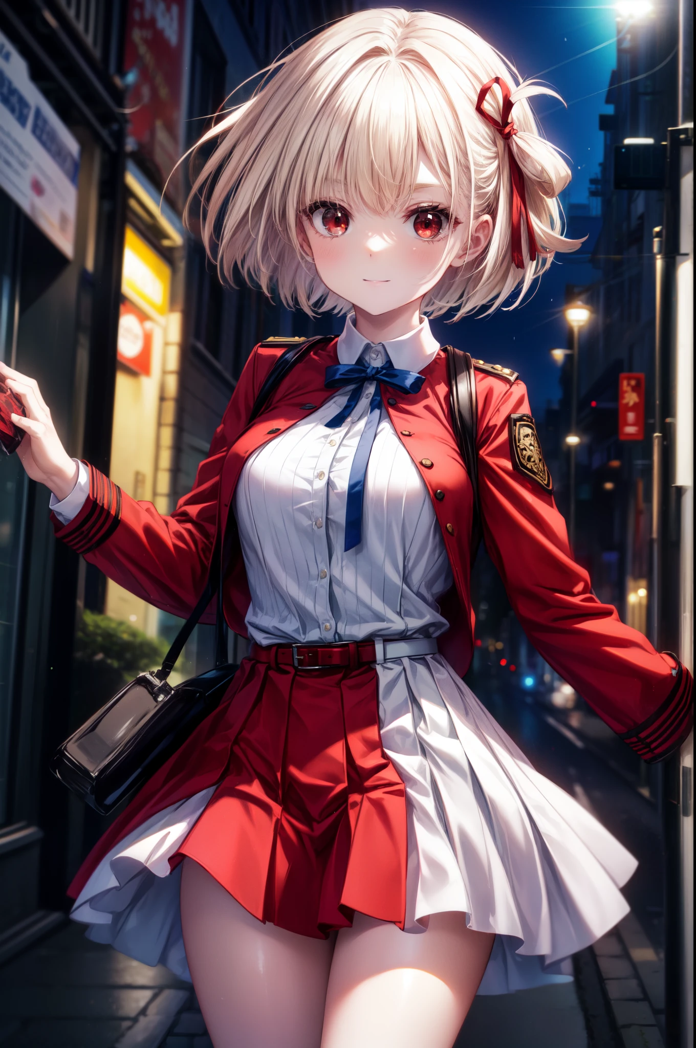 chisatonishikigi, nishikigi chisato, short hair, bangs, blonde hair, (red eyes:1.5), hair ribbon, one side up, bob cut,smile,triumphant,
break shirt, long sleeve, dress, ribbon, white shirt, collared shirt, belt, neck ribbon, red dress, blue ribbon, pleated dress, grey dress, two-tone dress, red belt, uniform liquor,Target, have a pistol, hand gun, 膝を地面に着けている
break outdoors, city,alley,
break looking at viewer, (cowboy shot:1.5),
break (masterpiece:1.2), highest quality, High resolution, unity 8k wallpaper, (shape:0.8), (fine and beautiful eyes:1.6), highly detailed face, perfect lighting, Very detailed CG, (perfect hands, perfect anatomy),