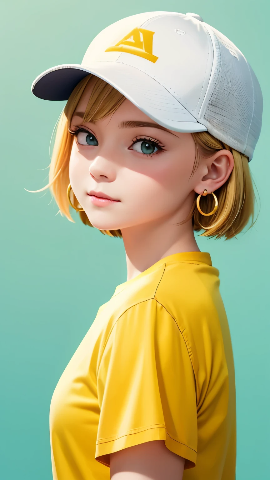 masterpiece, highest quality, 1 girl, aqua eye, baseball cap, blonde hair, closed mouth, earrings, green background, have, hoop earrings, jewelry, looking at the viewer, shirt, short hair, simple background, alone, Upper body, yellow shirt