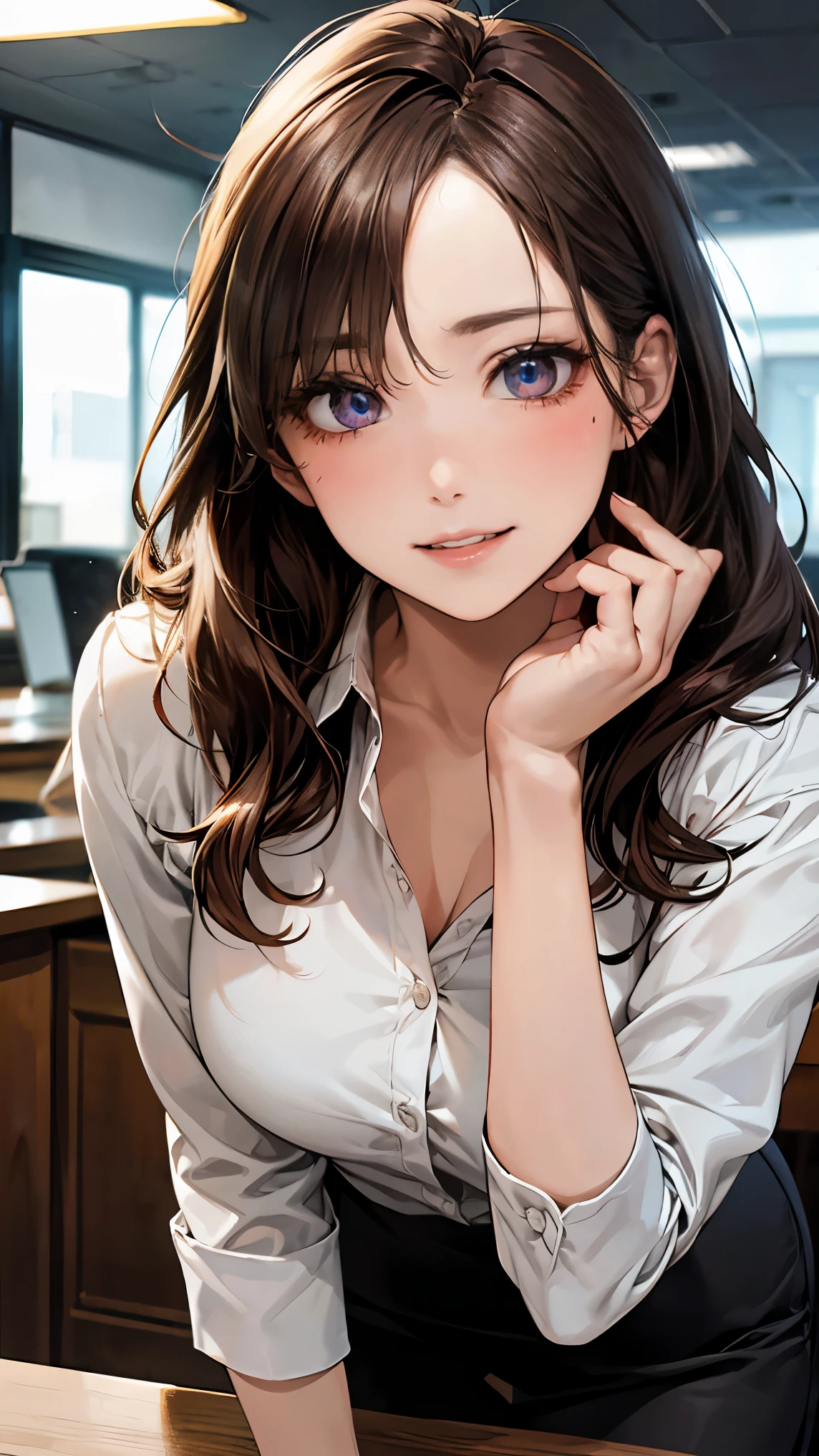 (((masterpiece))),(((High resolution)))、(((8K quality)))、(((perfect face)))、(((Beautiful office woman))), ((sleeveless)), tights, skirt, look at the camera, ((top quality eyes)), detailed face, (detailed texture), look at the camera, big,cleavage,lipstick,Smile