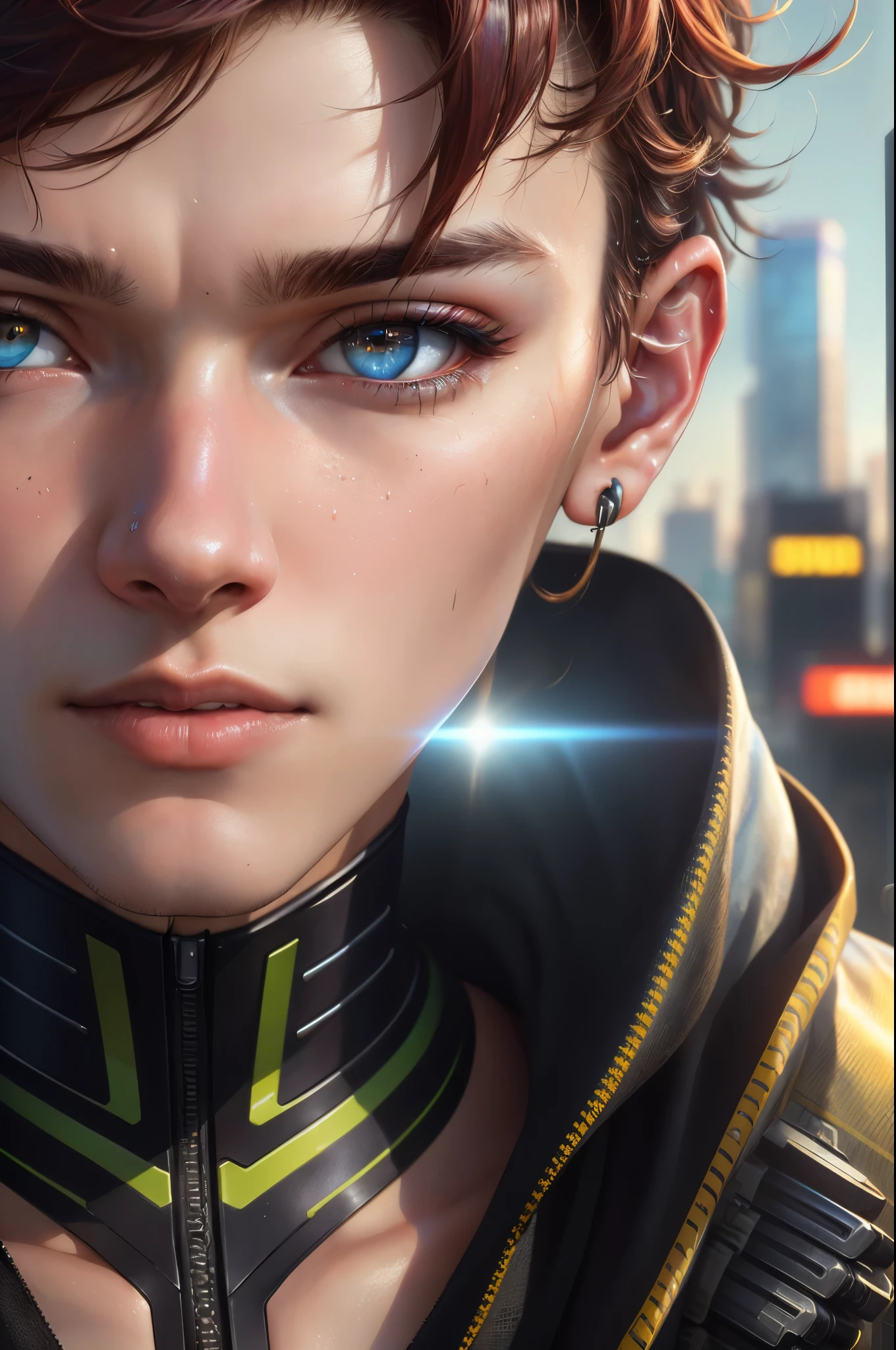 (best quality,8k,realistic,ultra-detailed)(cyberpunk,sci-fi)portrait,(young man,****),extreme close up,(detailed eye:1.1),(vibrant colors),(city backdrop),high-res clarity,sharp focus,atmospheric lighting