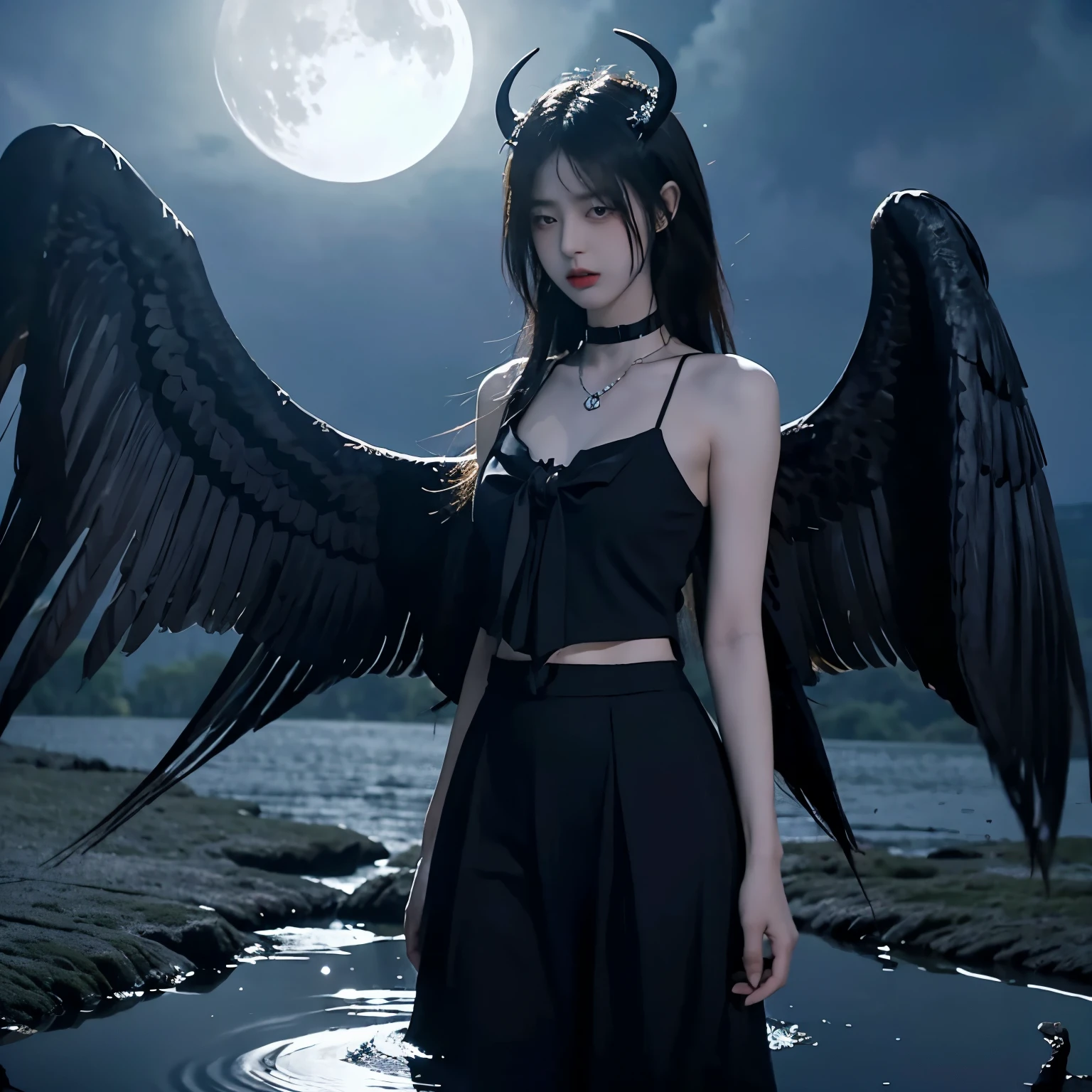 Bondage, tied up,satanic necklace,choker, black suit, suit with tie, black veil, satanic earing,standing in the lake with moon in the sky, angel, wings, White wings, holy girl, horns, lucifer, bdsm