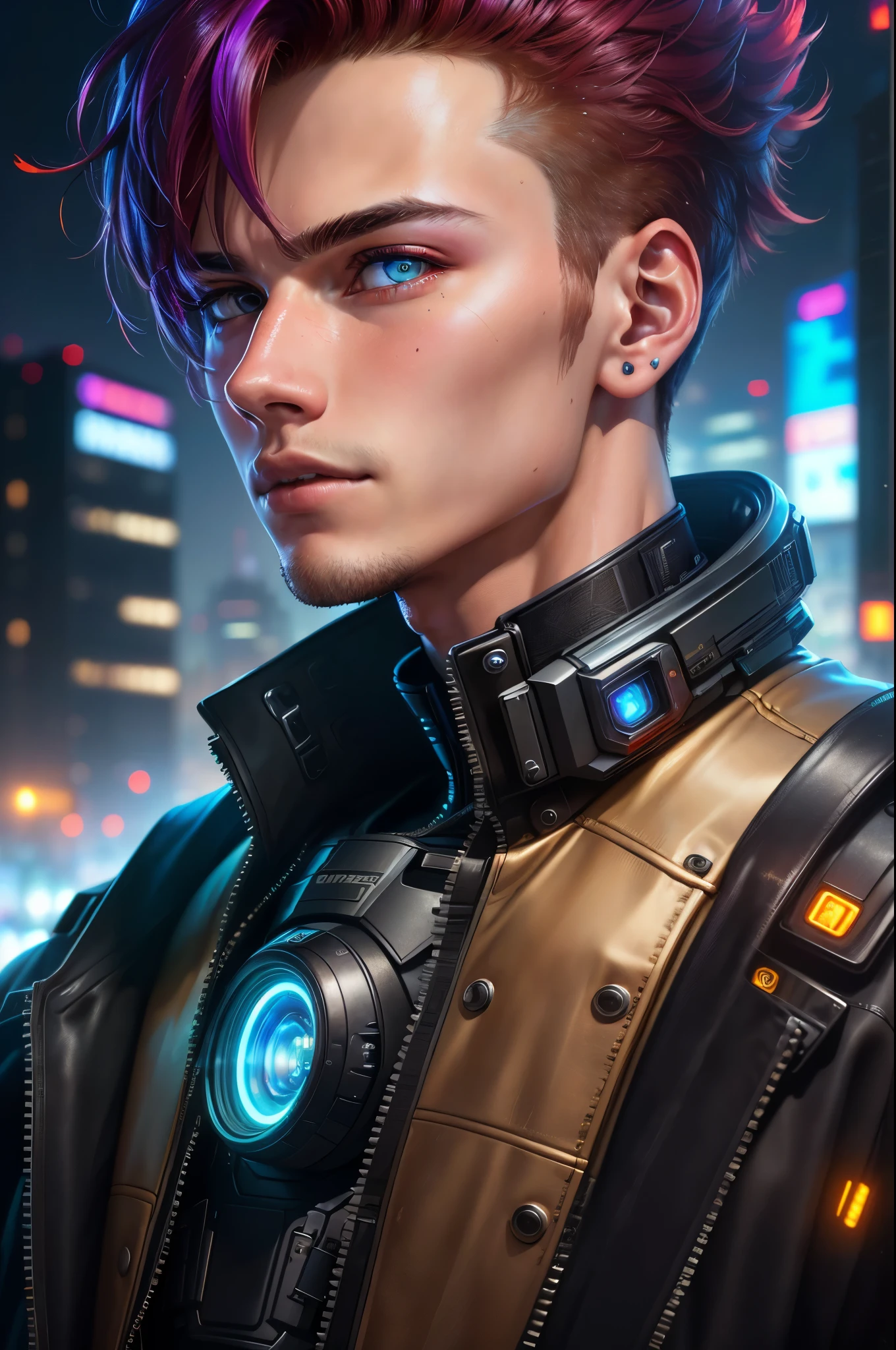 (best quality,8k,realistic,ultra-detailed)(cyberpunk,sci-fi)portrait,(young man,),extreme close up,(detailed eye:1.1),(vibrant colors),(city backdrop),high-res clarity,sharp focus,atmospheric lighting