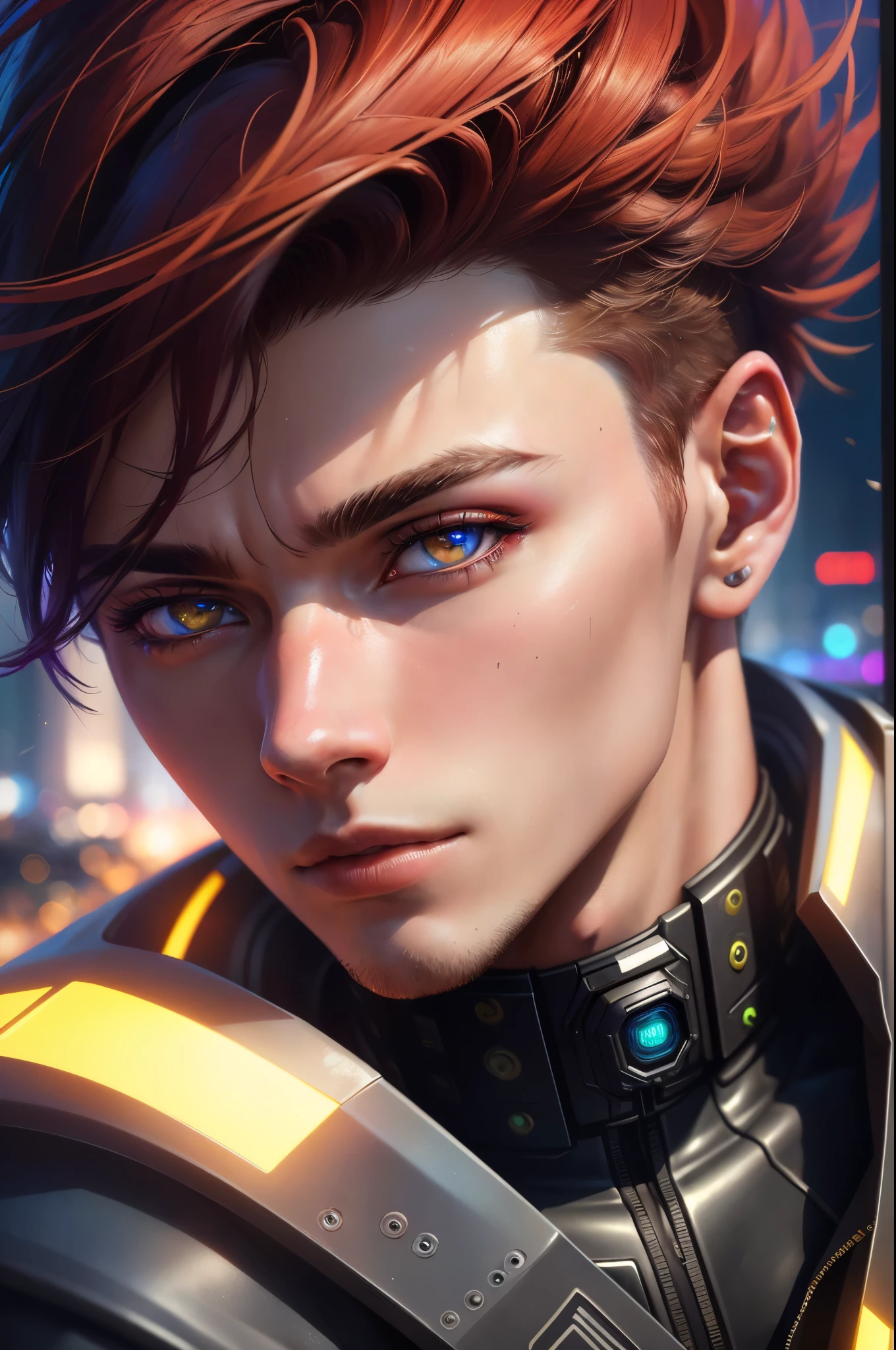 (best quality,8k,realistic,ultra-detailed)(cyberpunk,sci-fi)portrait,(young man,),extreme close up,(detailed eye:1.1),(vibrant colors),(city backdrop),high-res clarity,sharp focus,atmospheric lighting