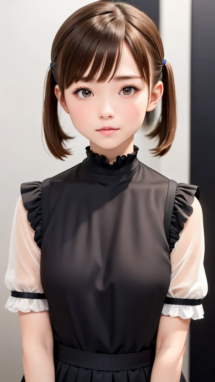 High resolution, High level image quality, high detail,, anatomically correct, sharp, gray bacKground、((Japanese)), alone,snow-white sKin,fair sKin、plump lips、very cute、small breasts、small breasts、An ennui looK、 well-shaped chest, mesh brown hair、twin tails、short hairのtwin tails、short hair、fashionable dresses、(((stand upright, facing the center of the screen.))) ((upper body angle))、RAW photo、highest quality、super resolution、best image quality、masterpiece、８K