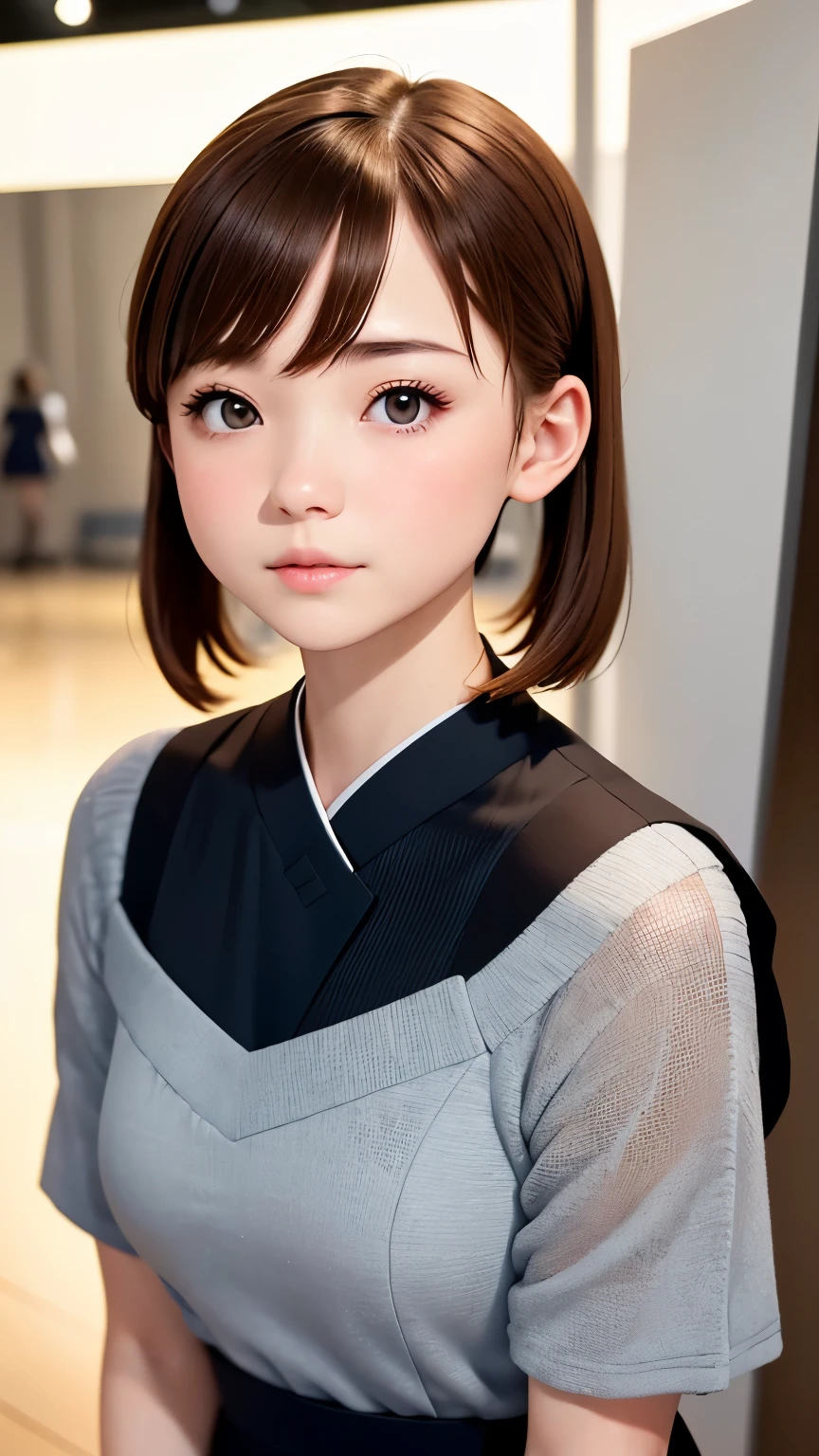 High resolution, High level image quality, high detail,, anatomically correct, sharp, gray bacKground、((Japanese)), alone,snow-white sKin,fair sKin、plump lips、very cute、small breasts、small breasts、An ennui looK、 well-shaped chest, mesh brown hair、twin tails、short hairのtwin tails、short hair、fashionable dresses、(((stand upright, facing the center of the screen.))) ((upper body angle))、RAW photo、highest quality、super resolution、best image quality、masterpiece、8K