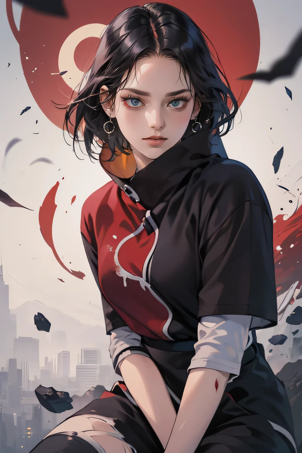 Masterpiece, top quality, Realistic, 1 girl, , Beautiful, very detailed face ((Black eyes)), ((Black short hair, black hair)), ((bloody tears from the eyes)), ((In a ninja costume)), cinematic lighting, look at the viewer, portrait, face close up, In a ninja costume, High quality image, blood on the face