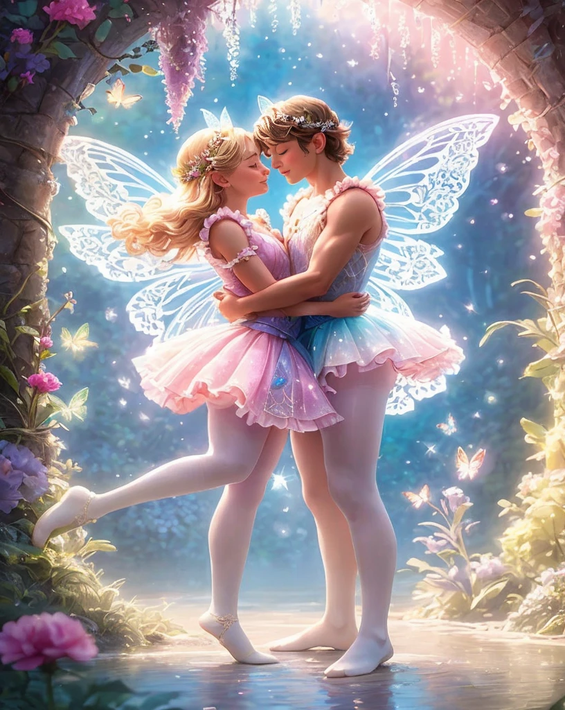 a boy and girl in fairy tutus and tights hugging in a garden, romance fantasy movie, beautiful fairies, faeries, margot robbie as a fairy, fairies, fantasy fairytale story, fairy dancing, very magical and dreamy, fairy aesthetics, magical fairy background, romantic storybook fantasy, fairies have wings, romance novel cover, cinematic romantic magical, ethereal fairytale, concept art of love