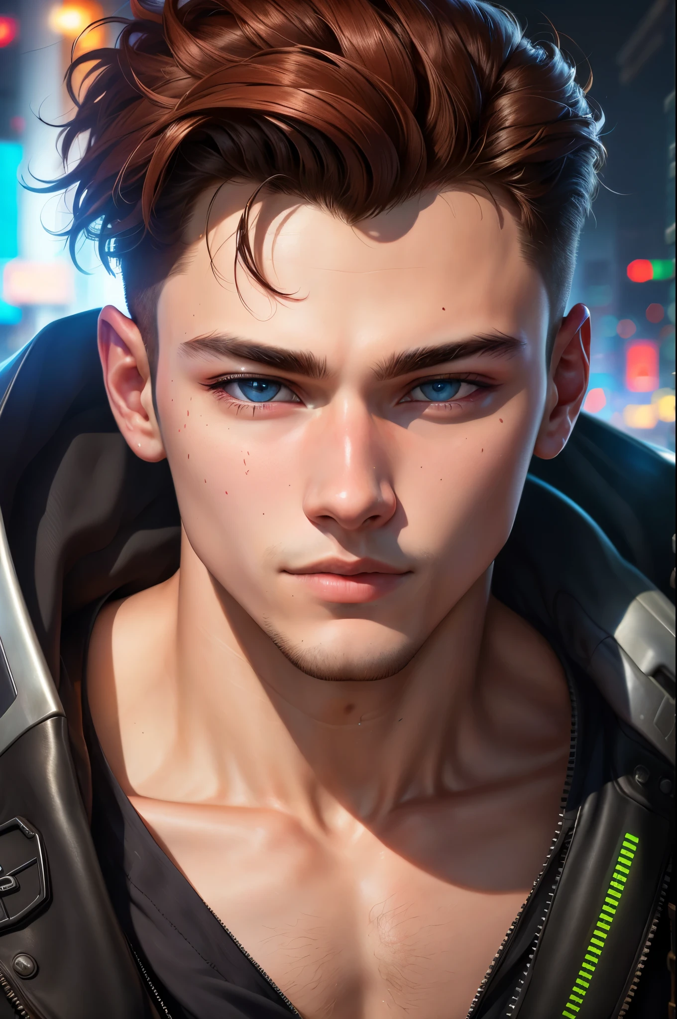 A young man, 16yo, The background of the city is cyberpunk, extreme close up portrait, Detailed eye, 8k resolution, Realism,