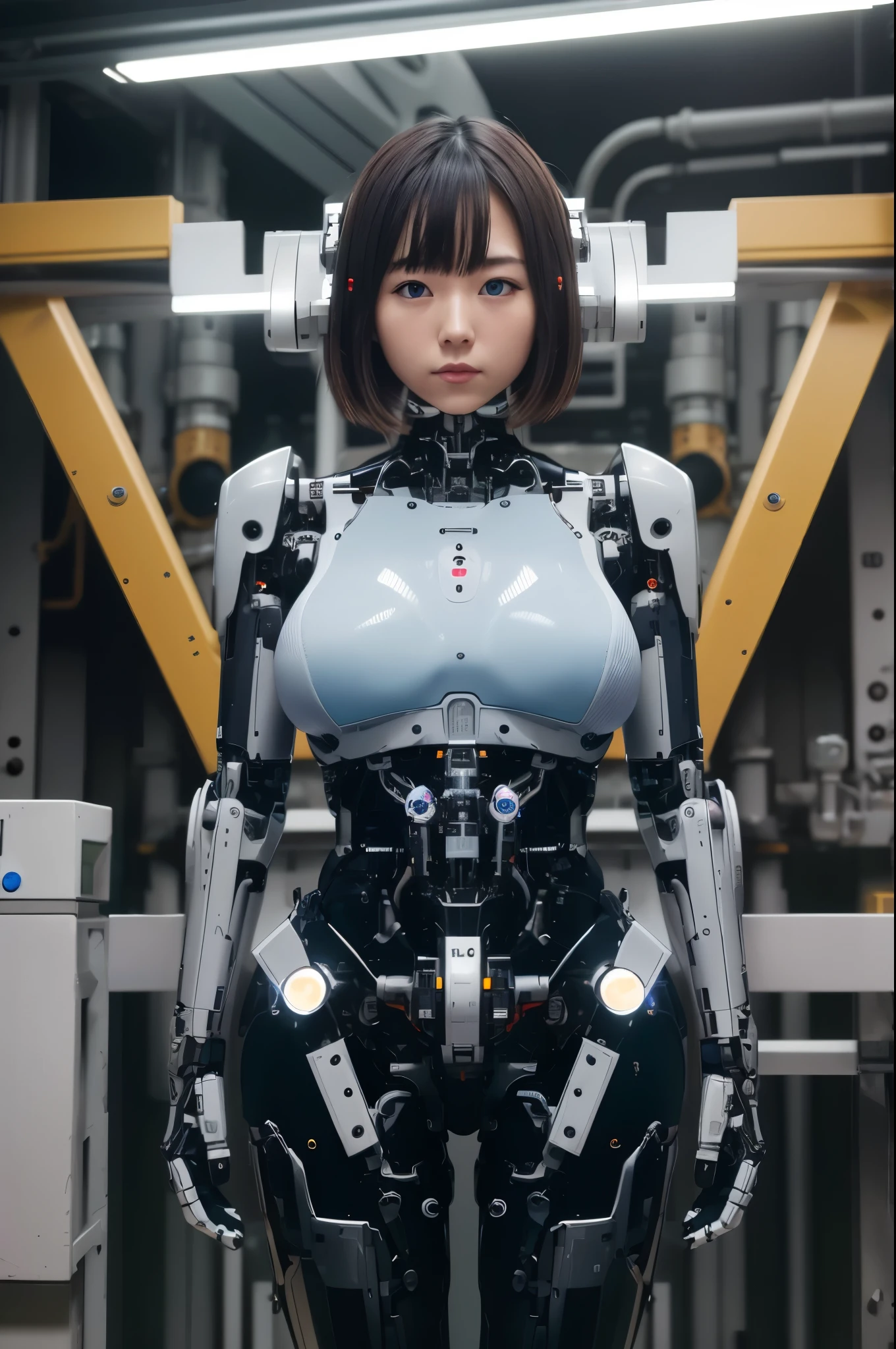 masterpiece, best quality, extremely detailed, Japaese android girl,Plump ,control panels,android,Droid,Mechanical Hand, Robot arms and legs,Blunt bangs,perfect robot girl,long tube,thick cable connected her neck,android,robot,humanoid,cyborg,japanese cyborg girl ,robot-assembly plant,She has assembled now,assembly scene,chest monitor,blue eyes