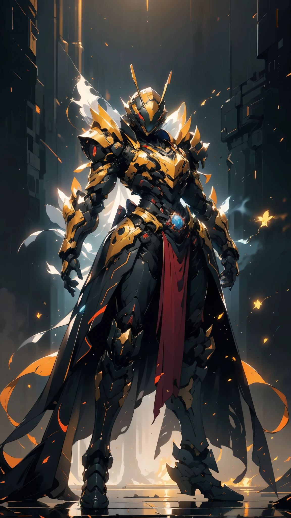 A woman adorned in fantasy-style full-body armor, a crown-concept fully enclosed helmet that unveils only her eyes, a composite layered chest plate, fully encompassing shoulder and hand guards, a lightweight waist armor, form-fitting shin guards, the overall design is heavy-duty yet flexible, ((the armor gleams with a golden glow, complemented by red and blue accents)), exhibiting a noble aura, she floats above a fantasy-surreal high-tech city, this character embodies a finely crafted fantasy-surreal style armored hero in anime style, exquisite and mature manga art style, (Queen bee mixed with Spider concept Armor, plasma, blood), ((Element, energy, elegant, goddess, femminine:1.5)), metallic, high definition, best quality, highres, ultra-detailed, ultra-fine painting, extremely delicate, professional, anatomically correct, symmetrical face, extremely detailed eyes and face, high quality eyes, creativity, RAW photo, UHD, 32k, Natural light, cinematic lighting, masterpiece-anatomy-perfect, masterpiece:1.5