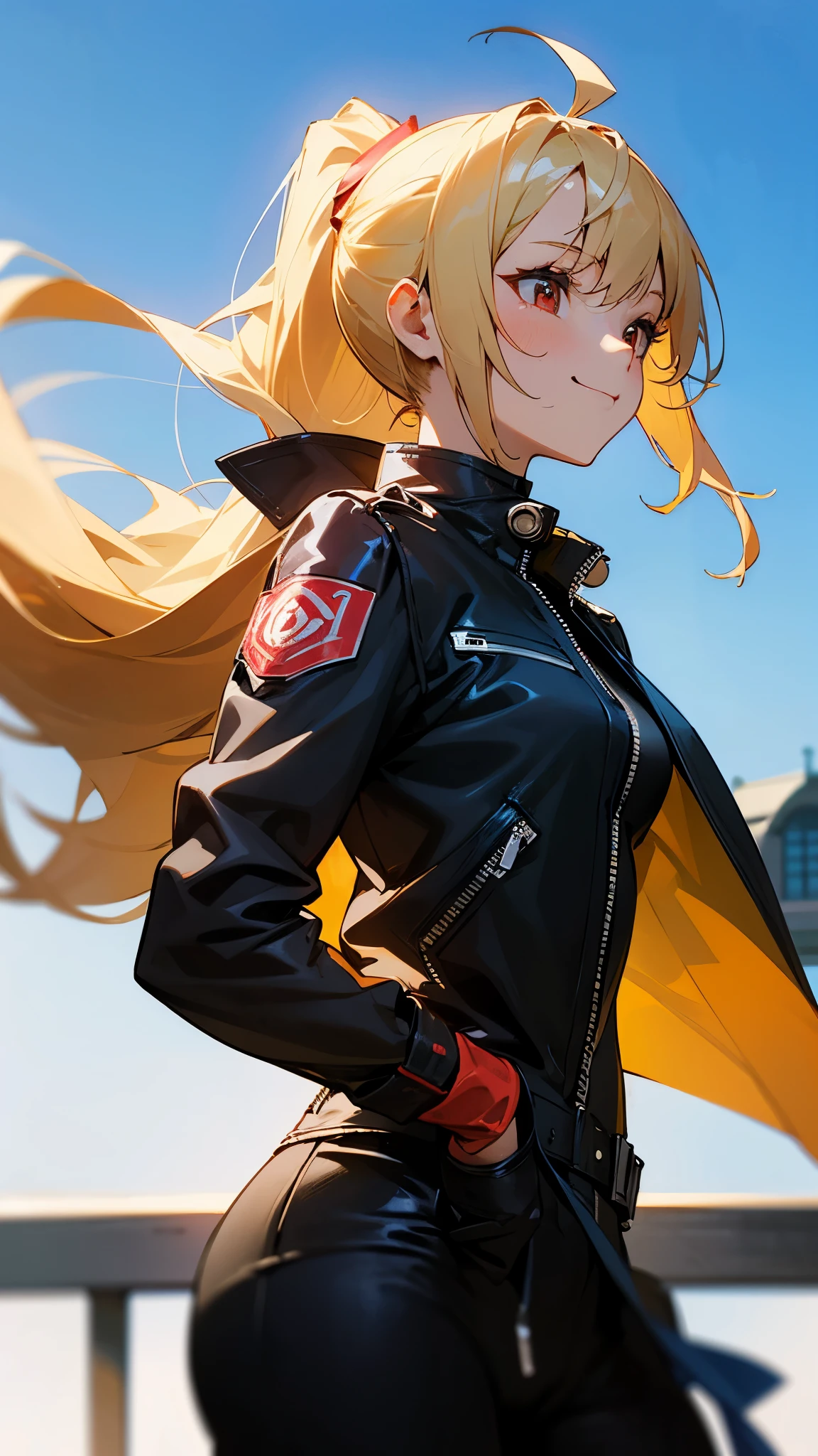 (highest quality、Extra fine、real)、Genki Girl、small breasts、black biker jacket、blonde、red eye、ponytail、Ahoge、From the side、gloves、bright smile、roof of the building、blown by the wind、blue sky、upper body close-up、sharp outline