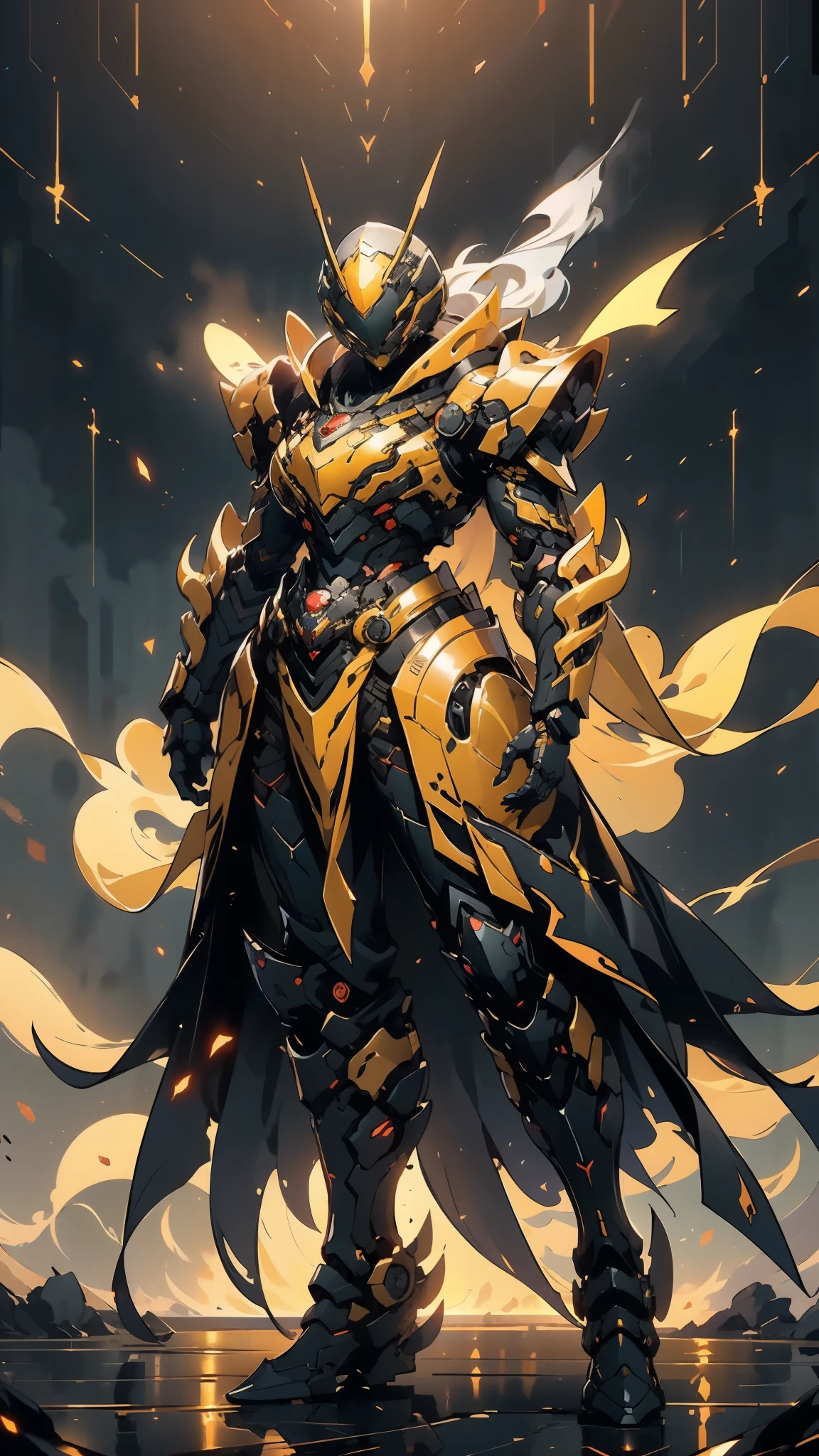 A woman adorned in fantasy-style full-body armor, a crown-concept fully enclosed helmet that unveils only her eyes, a composite layered chest plate, fully encompassing shoulder and hand guards, a lightweight waist armor, form-fitting shin guards, the overall design is heavy-duty yet flexible, ((the armor gleams with a golden glow, complemented by red and blue accents)), exhibiting a noble aura, she floats above a fantasy-surreal high-tech city, this character embodies a finely crafted fantasy-surreal style armored hero in anime style, exquisite and mature manga art style, (Queen bee mixed with Spider concept Armor, plasma, blood), ((Element, energy, elegant, goddess, femminine:1.5)), metallic, high definition, best quality, highres, ultra-detailed, ultra-fine painting, extremely delicate, professional, anatomically correct, symmetrical face, extremely detailed eyes and face, high quality eyes, creativity, RAW photo, UHD, 32k, Natural light, cinematic lighting, masterpiece-anatomy-perfect, masterpiece:1.5