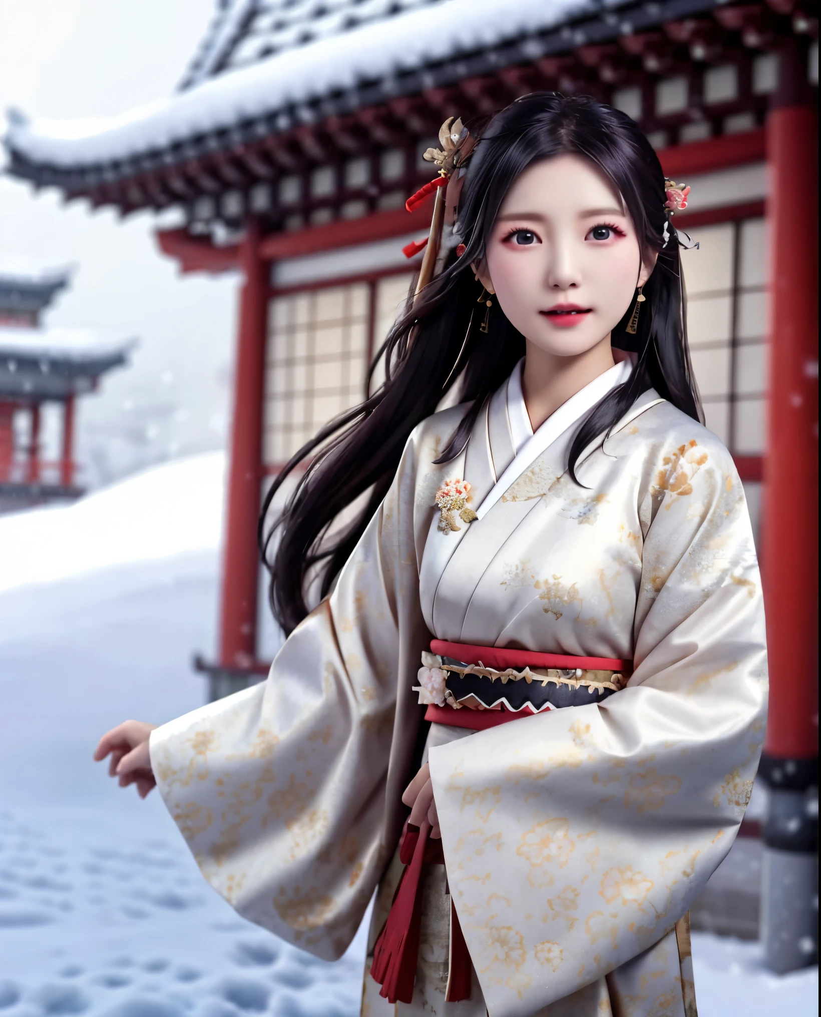 Japanese dress,flying fabric,wind blow,beautiful face,8k,snow fall,temple