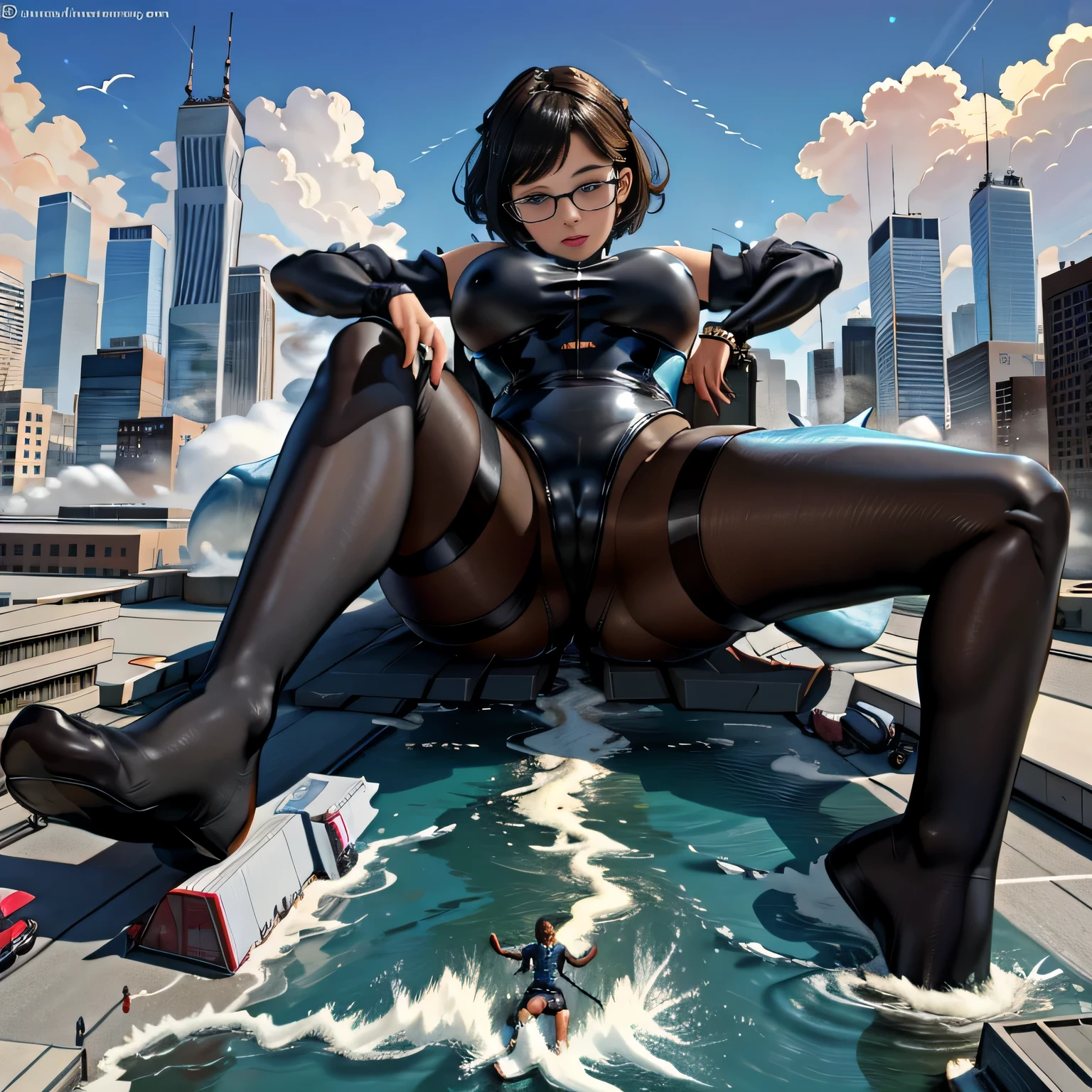 multiple girls, Giantの芸術, 非常に詳細なGiantショット, Giant, short hair, A huge beautiful girl that is much bigger than a skyscraper, wearing rimless glasses, big breasts, big ass, In underwear, black pantyhose, pantyhose barefoot, Steam comes out from the soles of the feet, very small metropolis, miniature metropolis, crush the big city, full body description, GTS, ギガGiant, stomping city, crash city, small town, micro city, High resolution, highest quality, masterpiece, Transparent Body Stockings,
