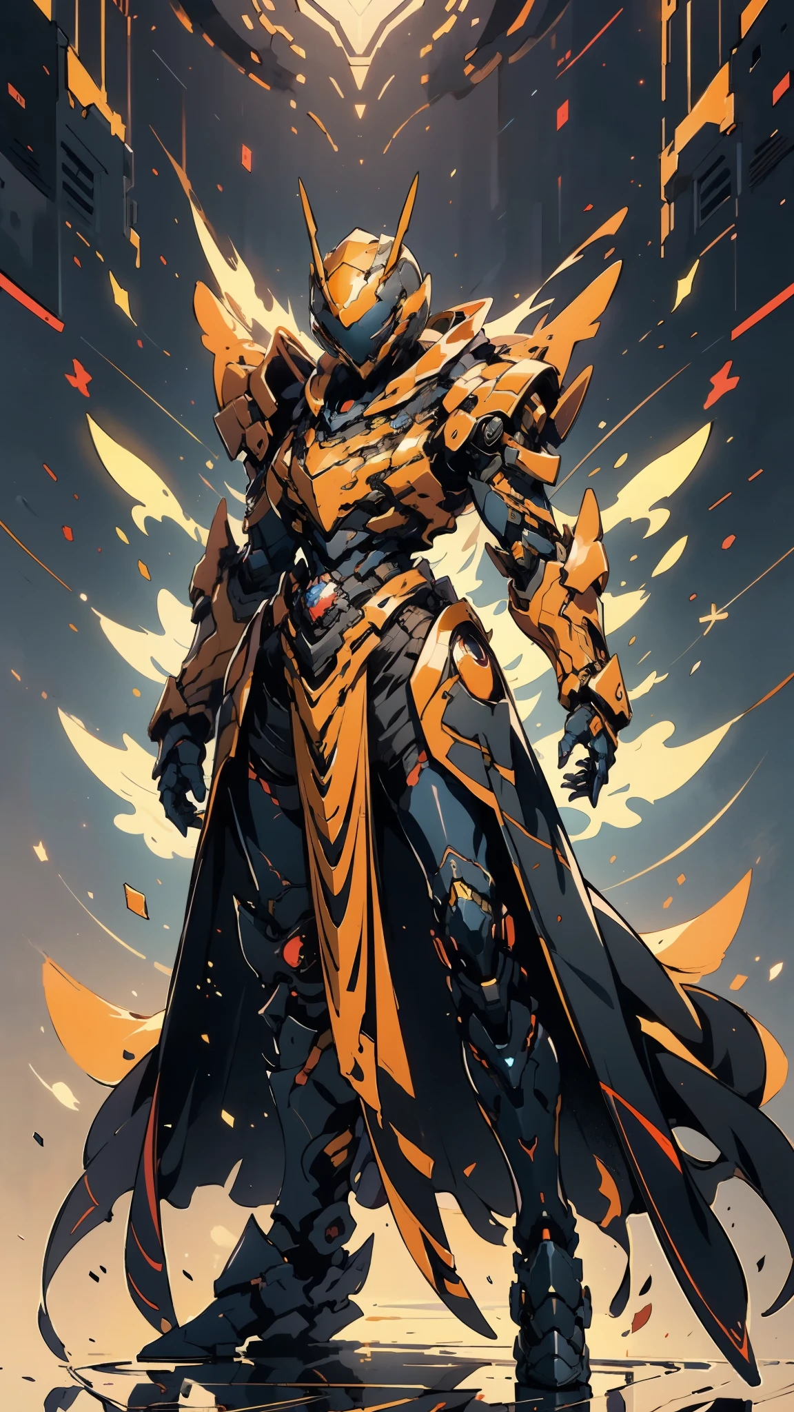 A woman adorned in fantasy-style full-body armor, a crown-concept fully enclosed helmet that unveils only her eyes, a composite layered chest plate, fully encompassing shoulder and hand guards, a lightweight waist armor, form-fitting shin guards, the overall design is heavy-duty yet flexible, ((the armor gleams with a golden glow, complemented by red and blue accents)), exhibiting a noble aura, she floats above a fantasy-surreal high-tech city, this character embodies a finely crafted fantasy-surreal style armored hero in anime style, exquisite and mature manga art style, (Queen bee mixed with Spider concept Armor, plasma, blood), ((Element, energy, elegant, goddess, femminine:1.5)), metallic, high definition, best quality, highres, ultra-detailed, ultra-fine painting, extremely delicate, professional, anatomically correct, symmetrical face, extremely detailed eyes and face, high quality eyes, creativity, RAW photo, UHD, 32k, Natural light, cinematic lighting, masterpiece-anatomy-perfect, masterpiece:1.5