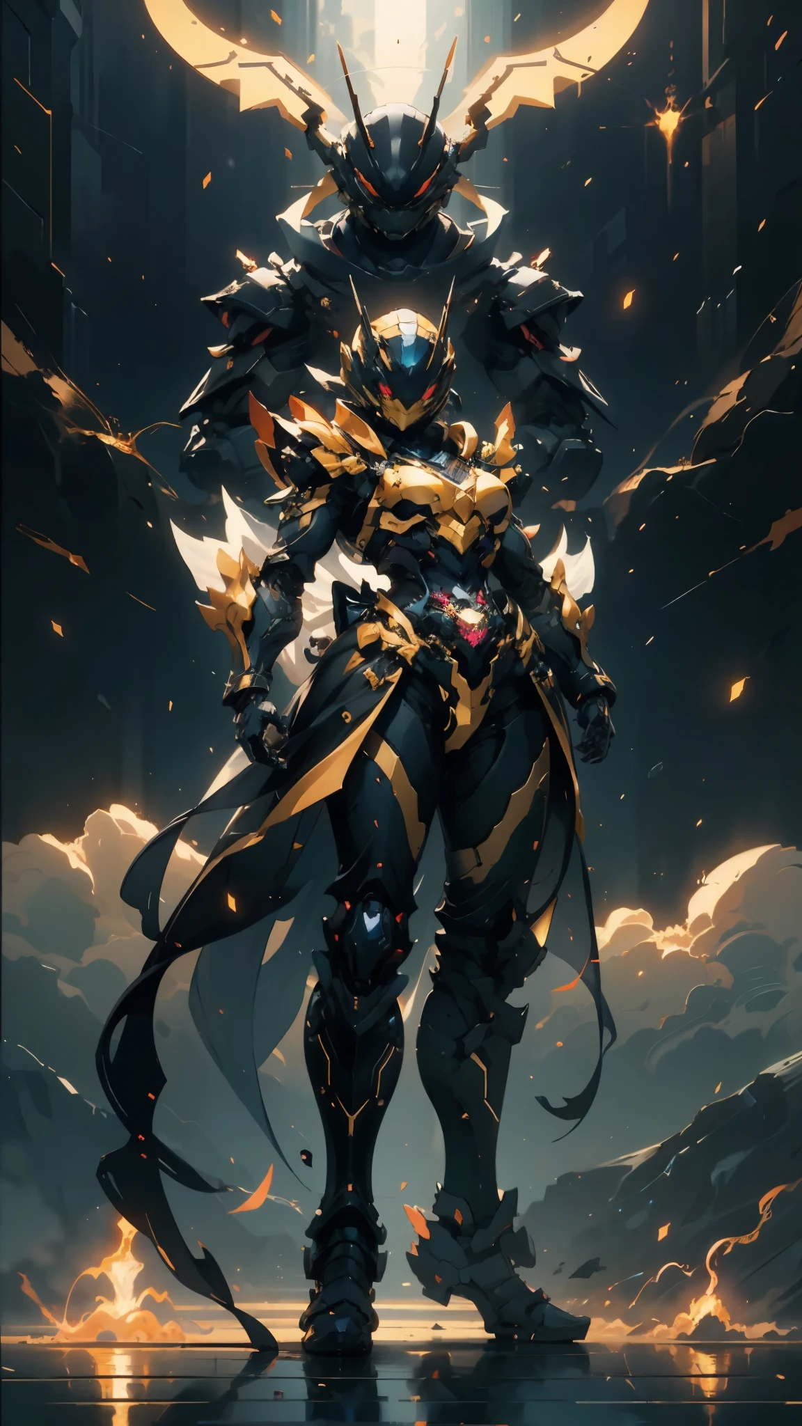 A woman adorned in fantasy-style full-body armor, a crown-concept fully enclosed helmet that unveils only her eyes, a composite layered chest plate, fully encompassing shoulder and hand guards, a lightweight waist armor, form-fitting shin guards, the overall design is heavy-duty yet flexible, ((the armor gleams with a golden glow, complemented by red and blue accents)), exhibiting a noble aura, she floats above a fantasy-surreal high-tech city, this character embodies a finely crafted fantasy-surreal style armored hero in anime style, exquisite and mature manga art style, (Queen bee mixed with Spider concept Armor, plasma, blood), ((Element, energy, elegant, goddess, femminine:1.5)), metallic, high definition, best quality, highres, ultra-detailed, ultra-fine painting, extremely delicate, professional, anatomically correct, symmetrical face, extremely detailed eyes and face, high quality eyes, creativity, RAW photo, UHD, 32k, Natural light, cinematic lighting, masterpiece-anatomy-perfect, masterpiece:1.5