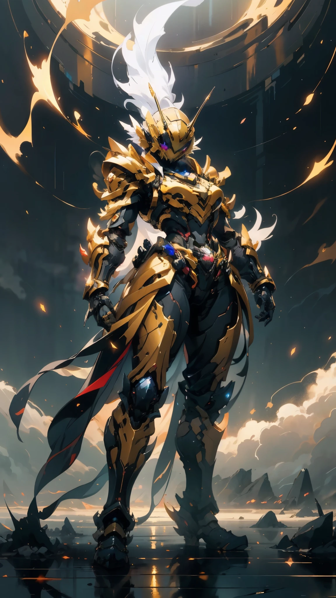 A woman adorned in fantasy-style full-body armor, a crown-concept fully enclosed helmet that unveils only her eyes, a composite layered chest plate, fully encompassing shoulder and hand guards, a lightweight waist armor, form-fitting shin guards, the overall design is heavy-duty yet flexible, ((the armor gleams with a golden glow, complemented by red and blue accents)), exhibiting a noble aura, she floats above a fantasy-surreal high-tech city, this character embodies a finely crafted fantasy-surreal style armored hero in anime style, exquisite and mature manga art style, (Queen bee mixed with Spider concept Armor, plasma, blood), ((Element, energy, elegant, goddess, femminine:1.5)), metallic, high definition, best quality, highres, ultra-detailed, ultra-fine painting, extremely delicate, professional, anatomically correct, symmetrical face, extremely detailed eyes and face, high quality eyes, creativity, RAW photo, UHD, 32k, Natural light, cinematic lighting, masterpiece-anatomy-perfect, masterpiece:1.5