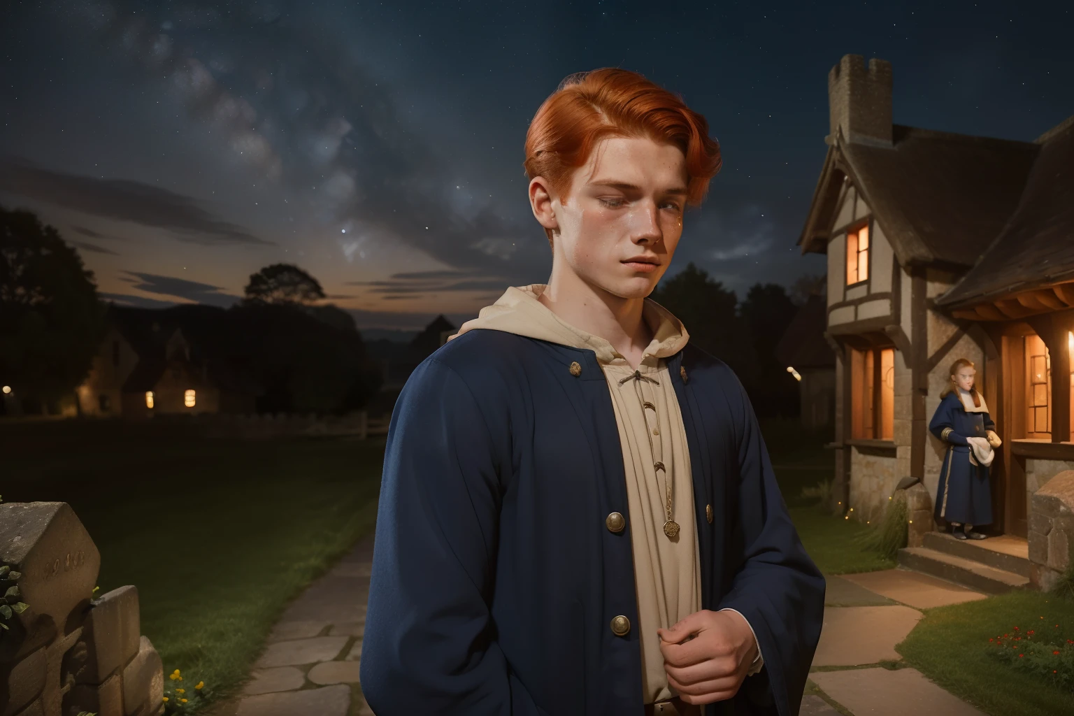 England, 1327. A young ((((22-year-old)) Merthin Fitzgerald)), handsome, athletic, in front of his house, at nighttime, looking at the starry sky, ((((sadness expression, crying)))). ((((clothings from the 1300s)))), ((redhead hairstyle of the 1300s))