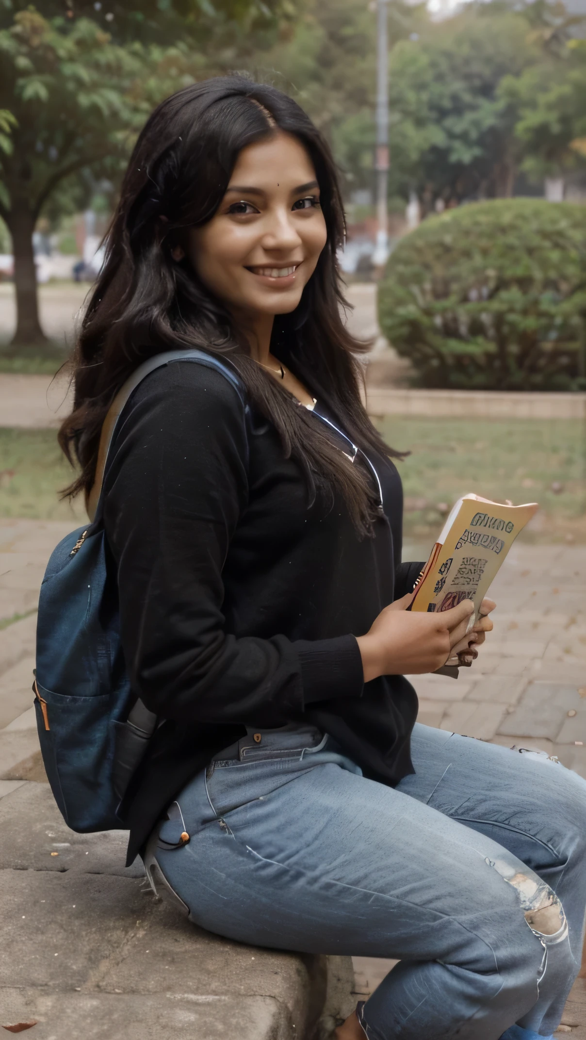 ((indian woman)), ((27 year old)), holding a book and backpack in park, young woman, Stylish indian women with brown skin, beautiful and smiling, student, smiling young woman, smiling woman, black haired woman wearing woolen hoodie, denim jeans, stylish women, holding books, smiling and looking directly, smiling with confidence, 4k, Ultra Hd