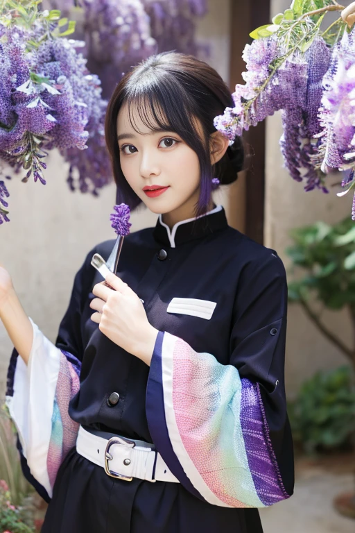 masterpiece, best quality, highres, 1girl, solo, kochou shinobu, butterfly hair ornament, purple eyes, multicolored hair, short hair, parted bangs, haori, wide sleeves, long sleeves, black pants, black jacket, belt, cowboy shot, holding weapon, sword, many wisteria flower